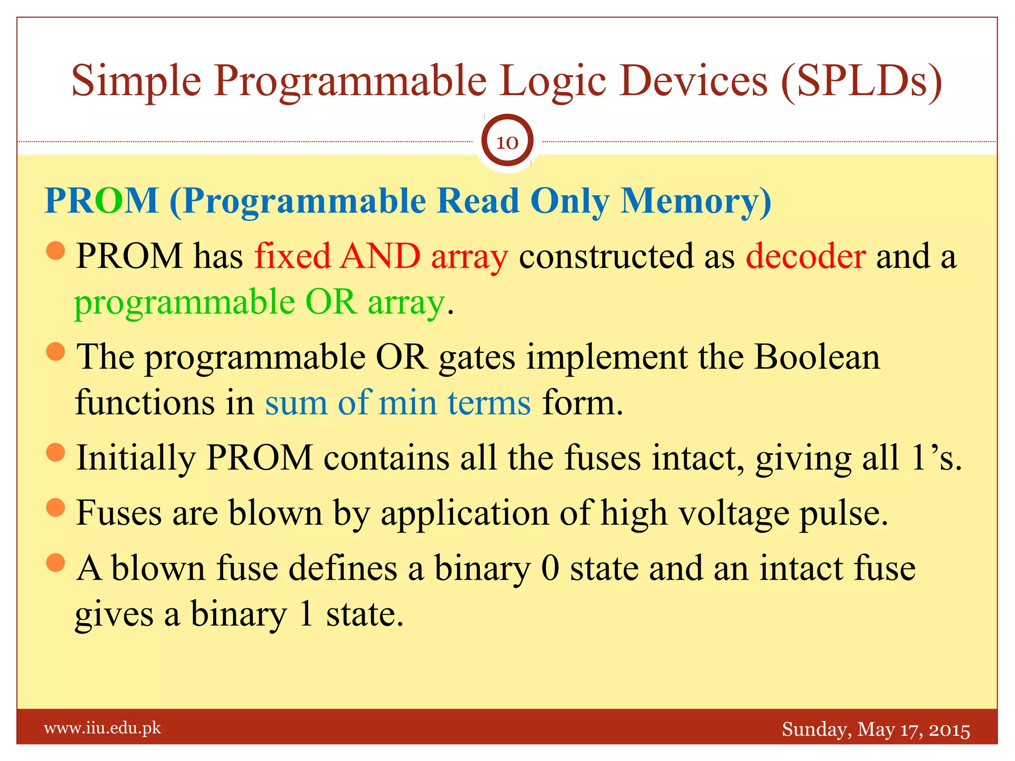 PROM (Programmable Read Only Memory)
PROM has fixed AND array constructed as decoder and a
programmable OR array.
The programmable OR gates implement the Boolean
functions in sum of min terms form.
Initially PROM contains all the fuses intact, giving all 1’s.
Fuses are blown by application of high voltage pulse.
A blown fuse defines a binary 0 state and an intact fuse
gives a binary 1 state.
Simple Programmable Logic Devices (SPLDs)
Sunday, May 17, 2015
10
www.iiu.edu.pk
 