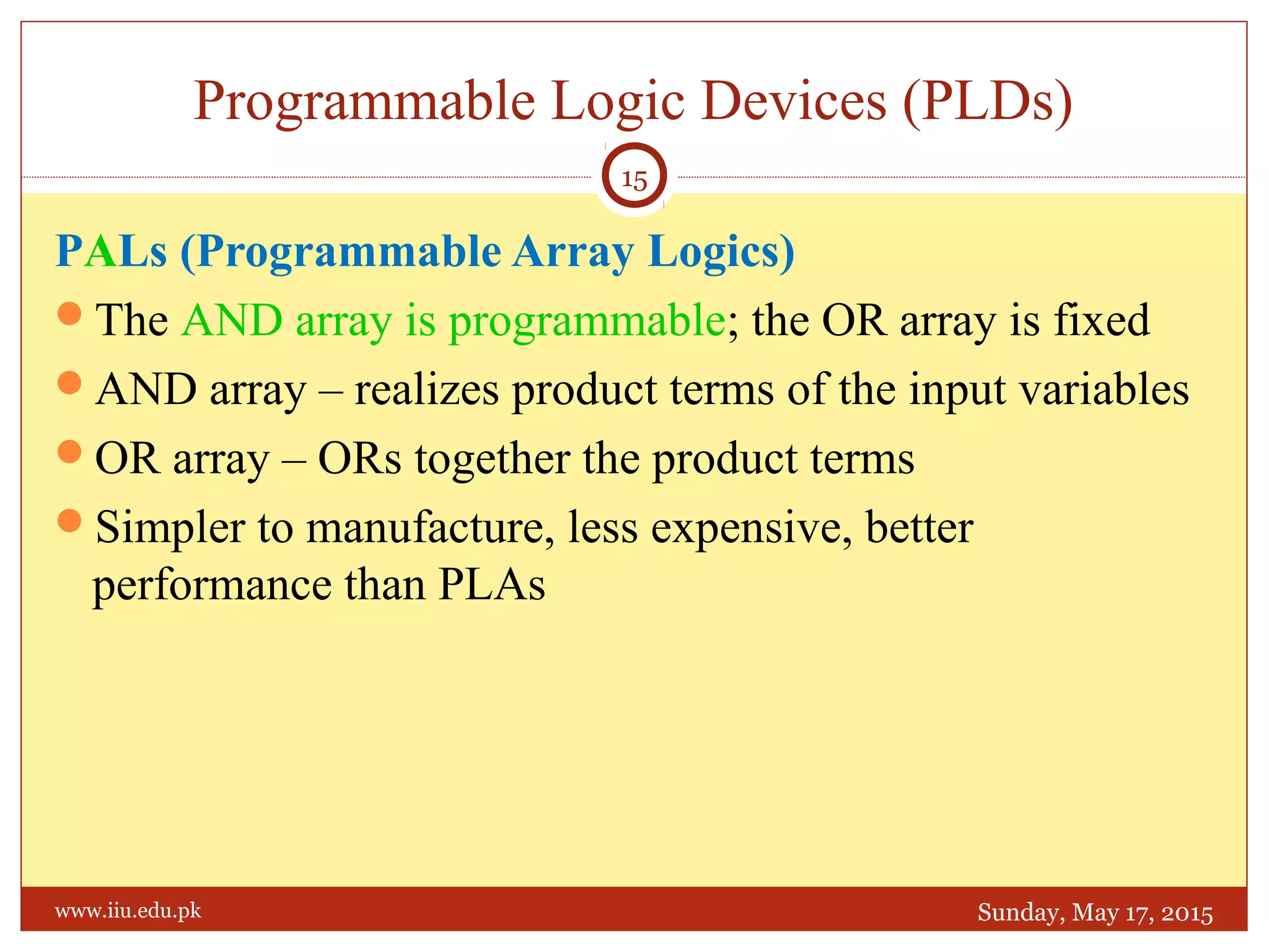 PALs (Programmable Array Logics)
The AND array is programmable; the OR array is fixed
AND array – realizes product terms of the input variables
OR array – ORs together the product terms
Simpler to manufacture, less expensive, better
performance than PLAs
Programmable Logic Devices (PLDs)
Sunday, May 17, 2015
15
www.iiu.edu.pk
 