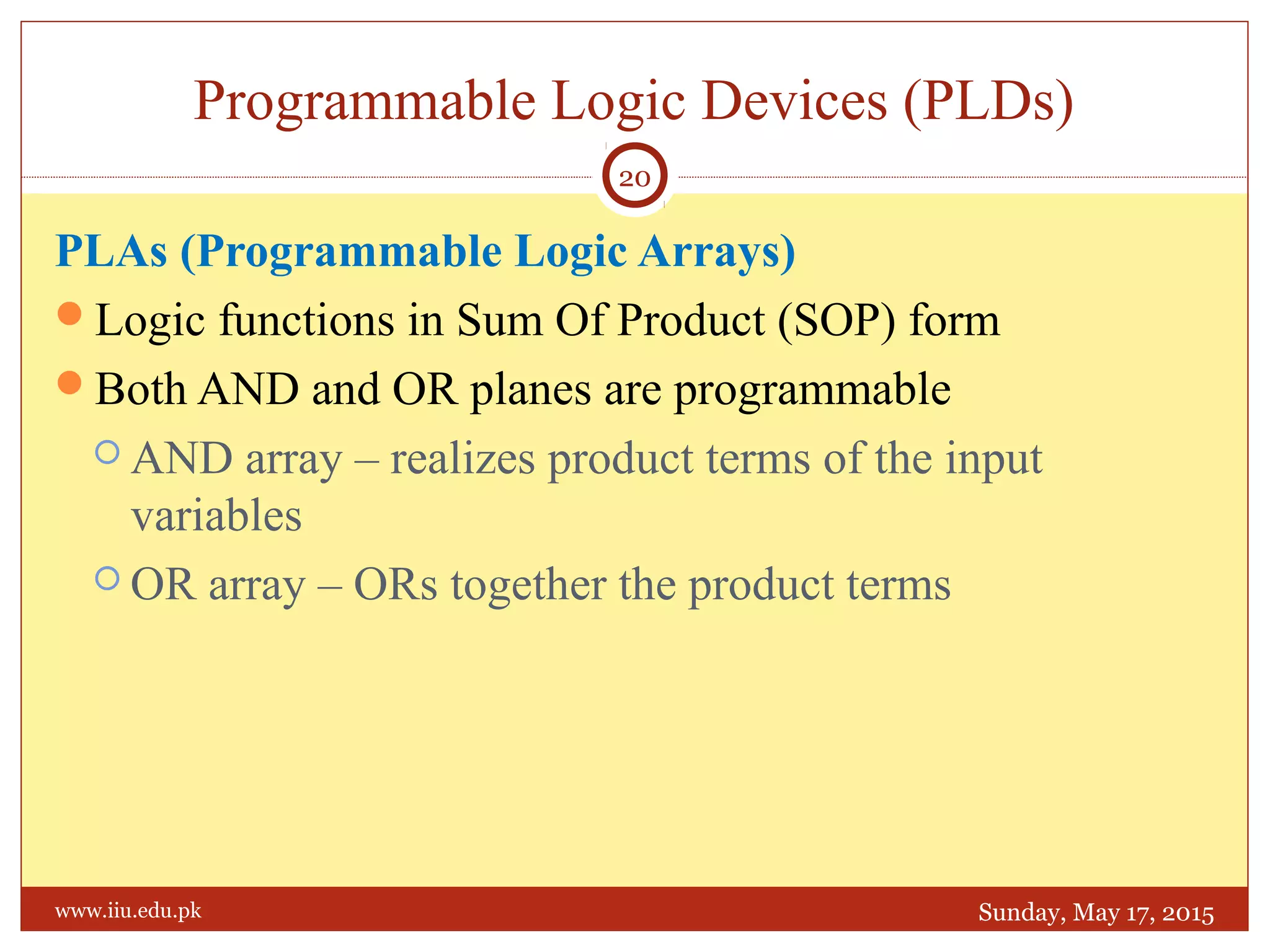PLAs (Programmable Logic Arrays)
Logic functions in Sum Of Product (SOP) form
Both AND and OR planes are programmable
 AND array – realizes product terms of the input
variables
 OR array – ORs together the product terms
Programmable Logic Devices (PLDs)
Sunday, May 17, 2015
20
www.iiu.edu.pk
 