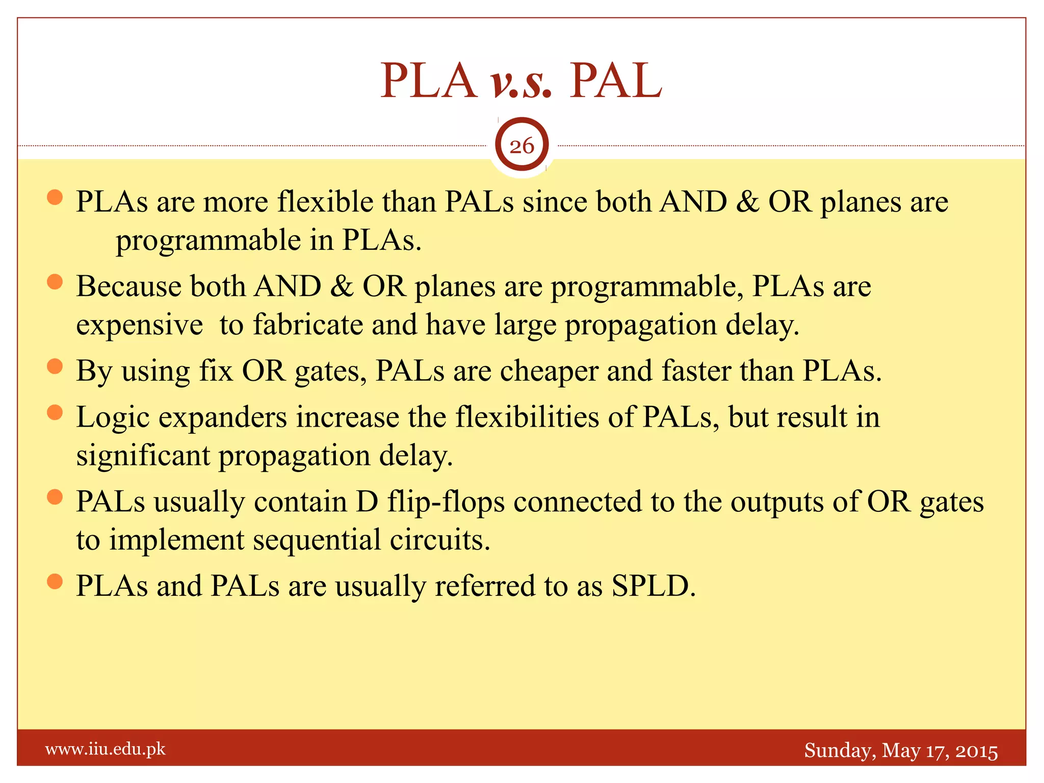 PLAs are more flexible than PALs since both AND & OR planes are
programmable in PLAs.
Because both AND & OR planes are programmable, PLAs are
expensive to fabricate and have large propagation delay.
By using fix OR gates, PALs are cheaper and faster than PLAs.
Logic expanders increase the flexibilities of PALs, but result in
significant propagation delay.
PALs usually contain D flip-flops connected to the outputs of OR gates
to implement sequential circuits.
PLAs and PALs are usually referred to as SPLD.
PLA v.s. PAL
Sunday, May 17, 2015
26
www.iiu.edu.pk
 