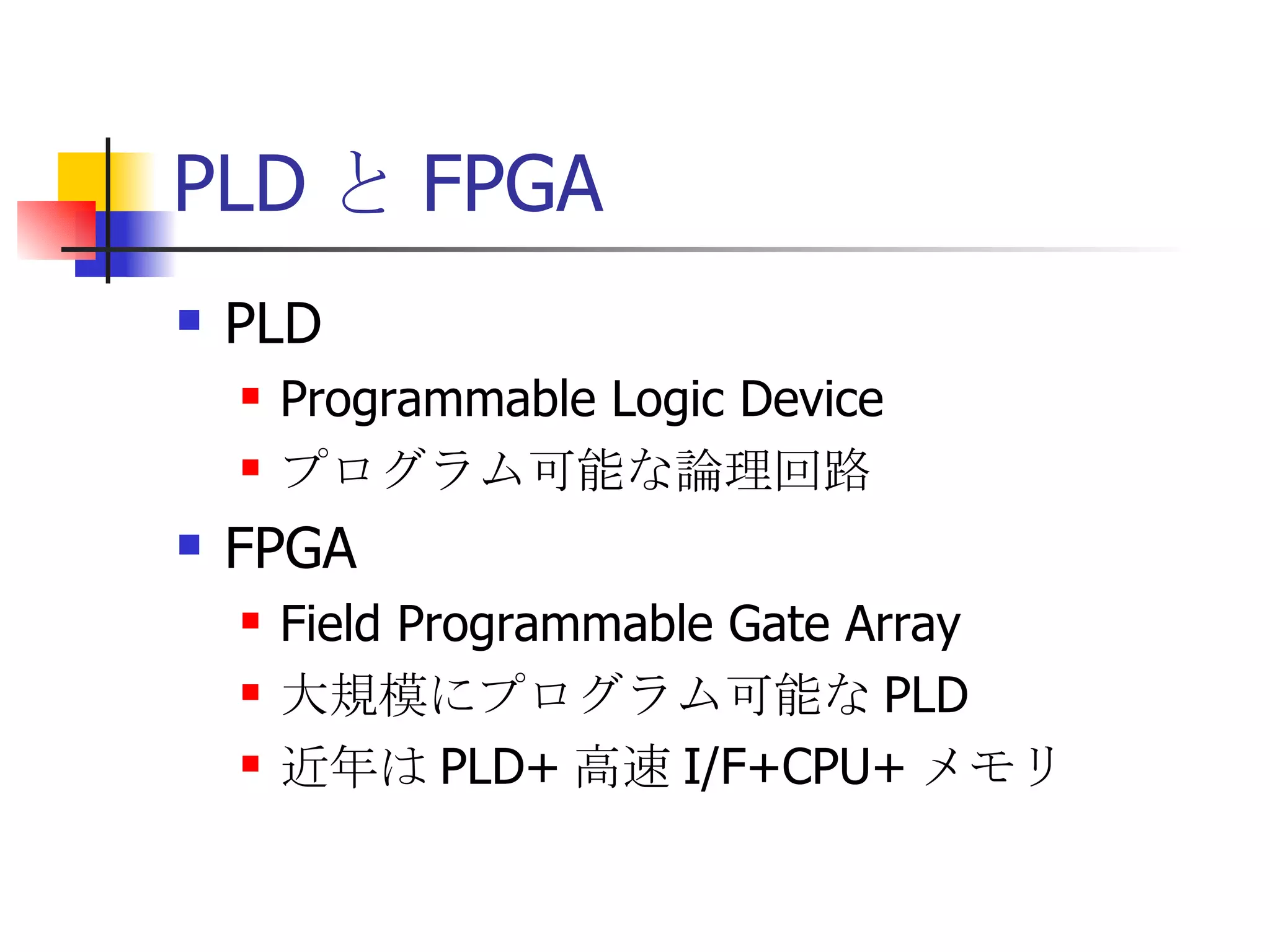 PLD と FPGA PLD Programmable Logic Device プログラム可能な論理回路 FPGA Field Programmable Gate Array 大規模にプログラム可能な PLD 近年は PLD+ 高速 I/F+CPU+ メモリ 