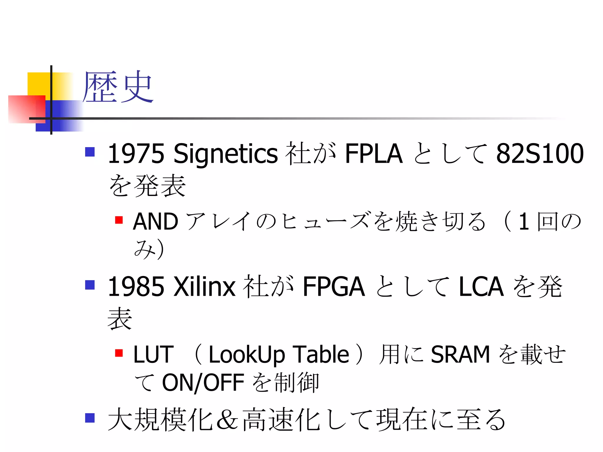 歴史 1975 Signetics 社が FPLA として 82S100 を発表 AND アレイのヒューズを焼き切る（ 1 回のみ） 1985 Xilinx 社が FPGA として LCA を発表 LUT （ LookUp Table ）用に SRAM を載せて ON/OFF を制御 大規模化＆高速化して現在に至る 