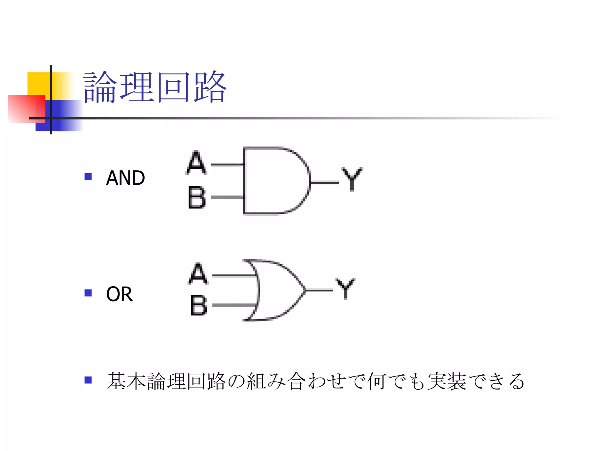 論理回路 AND OR 基本論理回路の組み合わせで何でも実装できる 