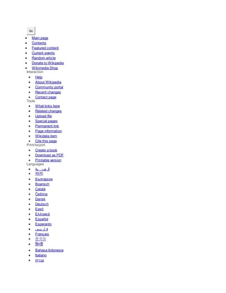 Go
 Main page
 Contents
 Featured content
 Current events
 Random article
 Donate to Wikipedia
 Wikimedia Shop
Interaction
 Help
 About Wikipedia
 Community portal
 Recent changes
 Contact page
Tools
 What links here
 Related changes
 Upload file
 Special pages
 Permanent link
 Page information
 Wikidata item
 Cite this page
Print/export
 Create a book
 Download as PDF
 Printable version
Languages
 ‫ية‬ ‫عرب‬ ‫ال‬
 বাাংলা
 Български
 Boarisch
 Català
 Čeština
 Dansk
 Deutsch
 Eesti
 Ελληνικά
 Español
 Esperanto
 ‫سی‬ ‫ار‬ ‫ف‬
 Français
 한국어
 हिन्दी
 Bahasa Indonesia
 Italiano
 ‫עברית‬
 