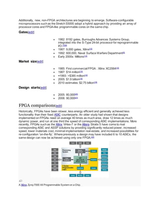 Additionally, new, non-FPGA architectures are beginning to emerge. Software-configurable
microprocessors such as the Stretch S5000 adopt a hybrid approach by providing an array of
processor cores and FPGA-like programmable cores on the same chip.
Gates[edit]
 1982: 8192 gates, Burroughs Advances Systems Group,
integrated into the S-Type 24-bit processor for reprogrammable
I/O.[7][8]
 1987: 9,000 gates, Xilinx[10]
 1992: 600,000, Naval Surface Warfare Department[6]
 Early 2000s: Millions[13]
Market size[edit]
 1985: First commercial FPGA : Xilinx XC2064[10]
 1987: $14 million[10]
 ≈1993: >$385 million[10]
 2005: $1.9 billion[19]
 2010 estimates: $2.75 billion[19]
Design starts[edit]
 2005: 80,000[20]
 2008: 90,000[21]
FPGA comparisons[edit]
Historically, FPGAs have been slower, less energy efficient and generally achieved less
functionality than their fixed ASIC counterparts. An older study had shown that designs
implemented on FPGAs need on average 40 times as much area, draw 12 times as much
dynamic power, and run at one third the speed of corresponding ASIC implementations. More
recently, FPGAs such as the Xilinx Virtex-7 or the Altera Stratix 5 have come to rival
corresponding ASIC and ASSP solutions by providing significantly reduced power, increased
speed, lower materials cost, minimal implementation real-estate, and increased possibilities for
re-configuration 'on-the-fly'. Where previously a design may have included 6 to 10 ASICs, the
same design can now be achieved using only one FPGA.[22]
A Xilinx Zynq-7000 All Programmable System on a Chip.
 