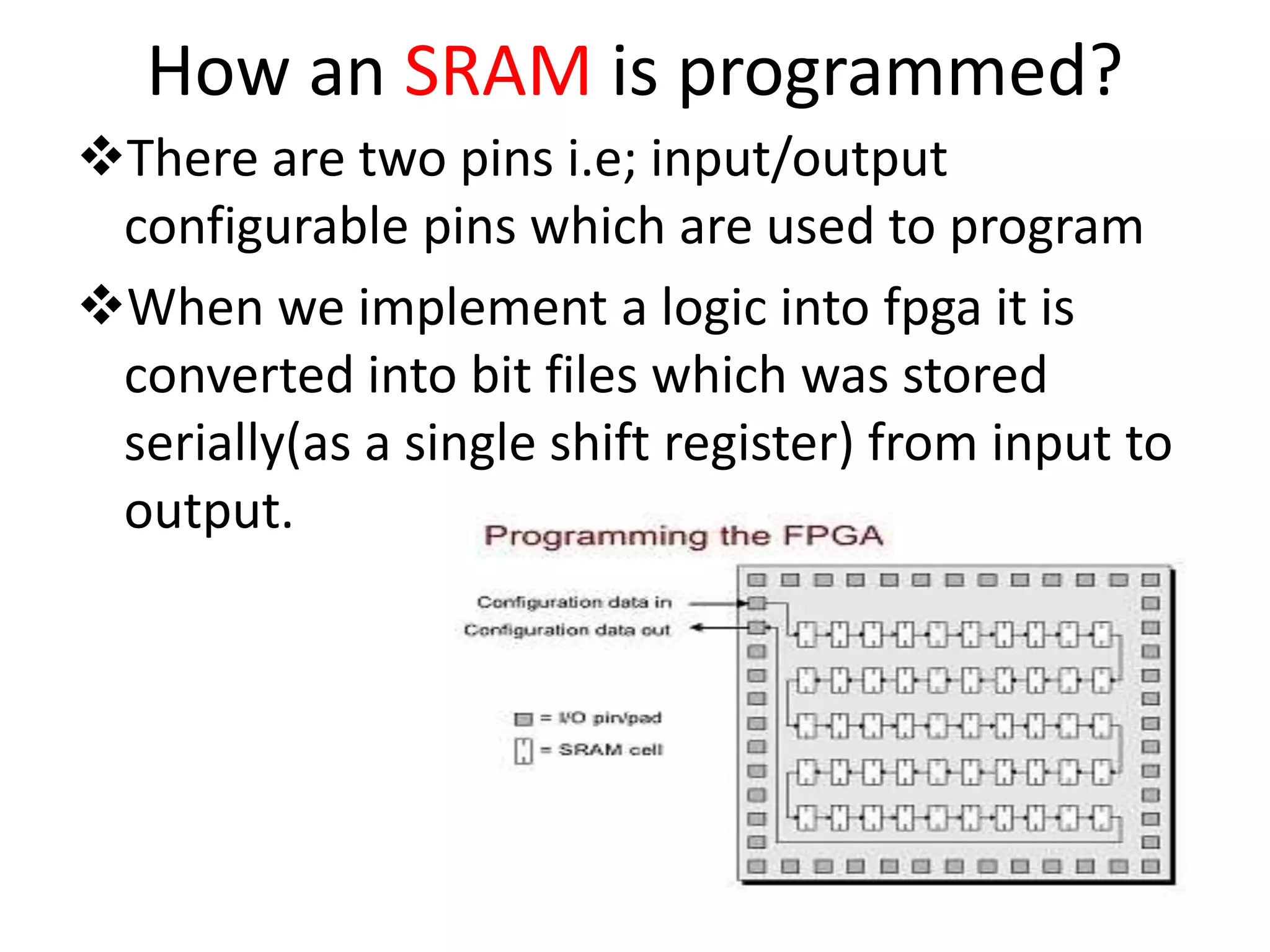 How an SRAM is programmed?
There are two pins i.e; input/output
configurable pins which are used to program
When we implement a logic into fpga it is
converted into bit files which was stored
serially(as a single shift register) from input to
output.
 