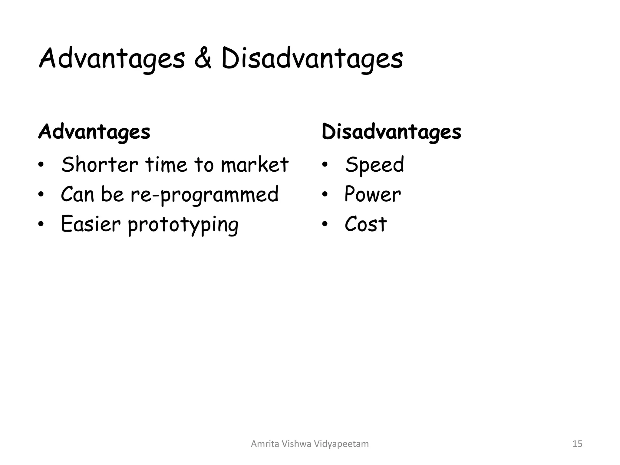 Advantages & Disadvantages
Advantages
• Shorter time to market
• Can be re-programmed
• Easier prototyping
Disadvantages
• Speed
• Power
• Cost
Amrita Vishwa Vidyapeetam 15
 