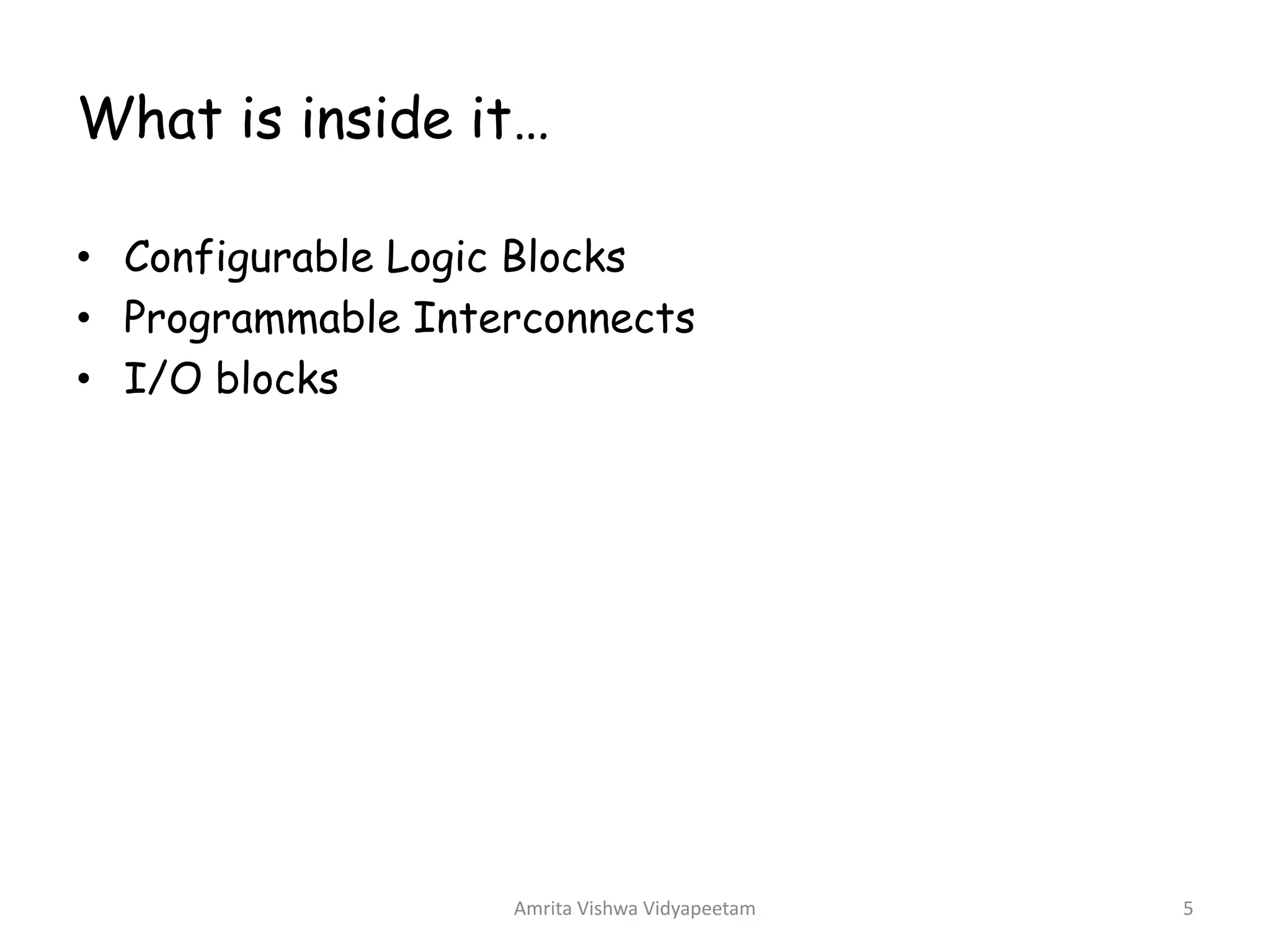 What is inside it…
Amrita Vishwa Vidyapeetam 5
• Configurable Logic Blocks
• Programmable Interconnects
• I/O blocks
 