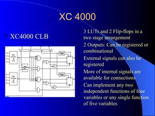XC 4000
 XC4000 CLB
 3 LUTs and 2 Flip-flops in a
two stage arrangement
 2 Outputs: Can be registered or
combinational
 External signals can also be
registered
 More of internal signals are
available for connections
 Can implement any two
independent functions of four
variables or any single function
of five variables
 