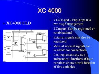 XC 4000
 XC4000 CLB
 3 LUTs and 2 Flip-flops in a
two stage arrangement
 2 Outputs: Can be registered or
combinational
 External signals can also be
registered
 More of internal signals are
available for connections
 Can implement any two
independent functions of four
variables or any single function
of five variables
 