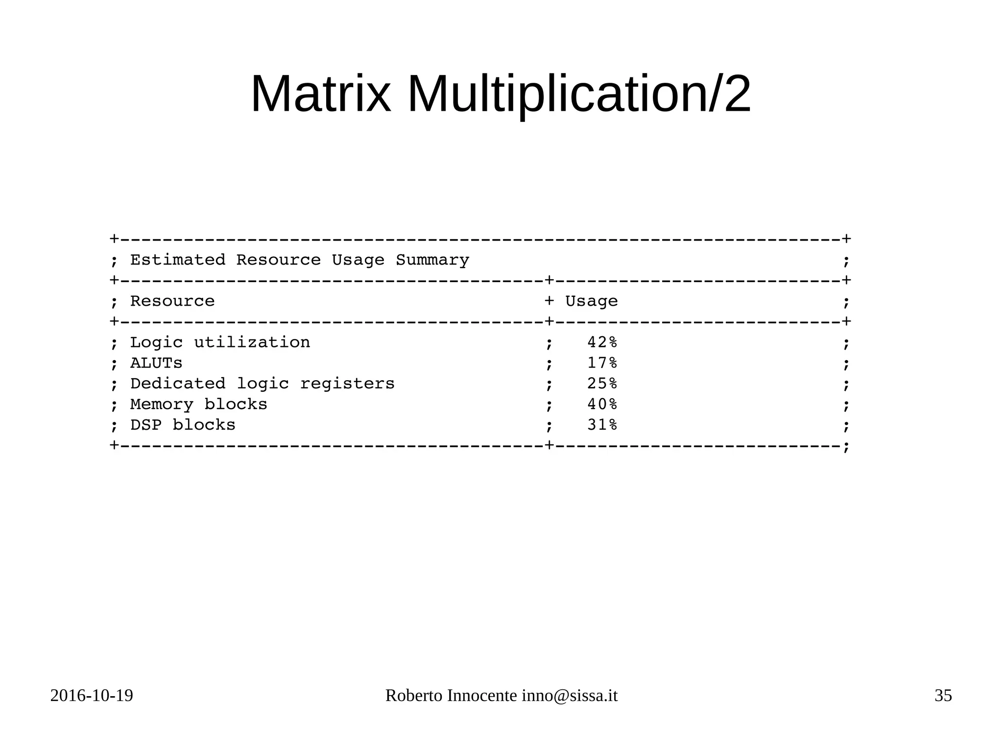 2016-10-19 Roberto Innocente inno@sissa.it 35
Matrix Multiplication/2
+­­­­­­­­­­­­­­­­­­­­­­­­­­­­­­­­­­­­­­­­­­­­­­­­­­­­­­­­­­­­­­­­­­­­+
; Estimated Resource Usage Summary                                   ;
+­­­­­­­­­­­­­­­­­­­­­­­­­­­­­­­­­­­­­­­­+­­­­­­­­­­­­­­­­­­­­­­­­­­­+
; Resource                               + Usage                     ;
+­­­­­­­­­­­­­­­­­­­­­­­­­­­­­­­­­­­­­­­­+­­­­­­­­­­­­­­­­­­­­­­­­­­­+
; Logic utilization                      ;   42%                     ;
; ALUTs                                  ;   17%                     ;
; Dedicated logic registers              ;   25%                     ;
; Memory blocks                          ;   40%                     ;
; DSP blocks                             ;   31%                     ;
+­­­­­­­­­­­­­­­­­­­­­­­­­­­­­­­­­­­­­­­­+­­­­­­­­­­­­­­­­­­­­­­­­­­­;
 