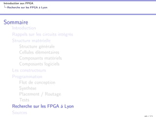 Introduction aux FPGA
Recherche sur les FPGA à Lyon
Sommaire
Introduction
Rappels sur les circuits intégrés
Structure matérielle
Structure générale
Cellules élémentaires
Composants matériels
Composants logiciels
Les constructeurs
Programmation
Flot de conception
Synthèse
Placement / Routage
Tests
Recherche sur les FPGA à Lyon
Sources
 