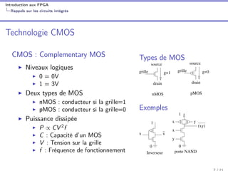 Introduction aux FPGA
Rappels sur les circuits intégrés
Technologie CMOS
CMOS : Complementary MOS
Niveaux logiques
0 = 0V
1 = 3V
Deux types de MOS
nMOS : conducteur si la grille=1
pMOS : conducteur si la grille=0
Puissance dissipée
P ∝ CV 2
f
C : Capacité d’un MOS
V : Tension sur la grille
f : Fréquence de fonctionnement
Types de MOS
nMOS
source
grille g=1
drain
pMOS
source
grille g=0
drain
Exemples
1
xx
0
Inverseur porte NAND
1
y
(xy)
x
x
y
0
 