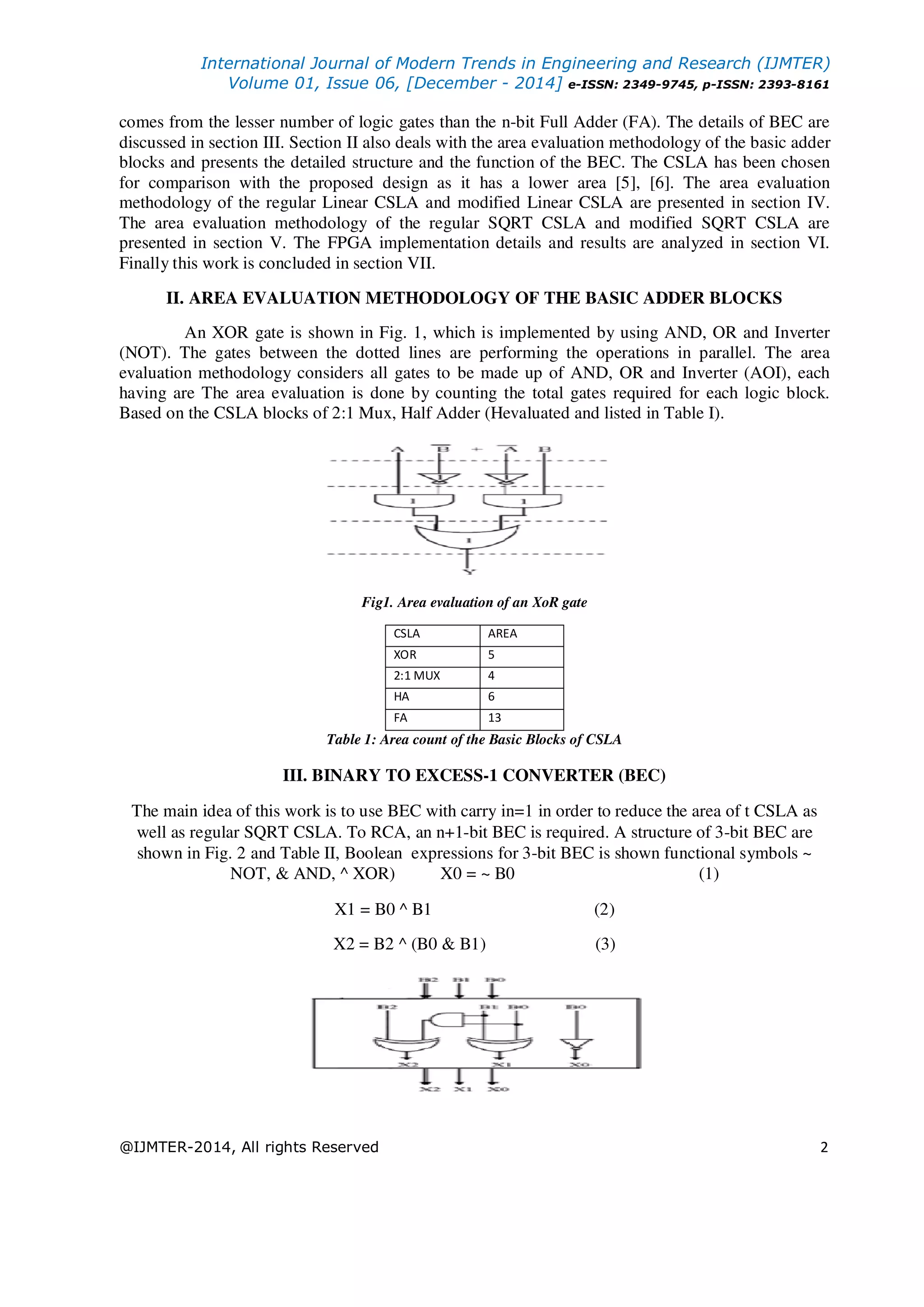International Journal of Modern Trends in Engineering and Research (IJMTER) Volume 01, Issue 06, [December - 2014] e-ISSN: 2349-9745, p-ISSN: 2393-8161 @IJMTER-2014, All rights Reserved 2 comes from the lesser number of logic gates than the n-bit Full Adder (FA). The details of BEC are discussed in section III. Section II also deals with the area evaluation methodology of the basic adder blocks and presents the detailed structure and the function of the BEC. The CSLA has been chosen for comparison with the proposed design as it has a lower area [5], [6]. The area evaluation methodology of the regular Linear CSLA and modified Linear CSLA are presented in section IV. The area evaluation methodology of the regular SQRT CSLA and modified SQRT CSLA are presented in section V. The FPGA implementation details and results are analyzed in section VI. Finally this work is concluded in section VII. II. AREA EVALUATION METHODOLOGY OF THE BASIC ADDER BLOCKS An XOR gate is shown in Fig. 1, which is implemented by using AND, OR and Inverter (NOT). The gates between the dotted lines are performing the operations in parallel. The area evaluation methodology considers all gates to be made up of AND, OR and Inverter (AOI), each having are The area evaluation is done by counting the total gates required for each logic block. Based on the CSLA blocks of 2:1 Mux, Half Adder (Hevaluated and listed in Table I). Fig1. Area evaluation of an XoR gate CSLA AREA COUNTXOR 5 2:1 MUX 4 HA 6 FA 13 Table 1: Area count of the Basic Blocks of CSLA III. BINARY TO EXCESS-1 CONVERTER (BEC) The main idea of this work is to use BEC with carry in=1 in order to reduce the area of t CSLA as well as regular SQRT CSLA. To RCA, an n+1-bit BEC is required. A structure of 3-bit BEC are shown in Fig. 2 and Table II, Boolean expressions for 3-bit BEC is shown functional symbols ~ NOT, & AND, ^ XOR) X0 = ~ B0 (1) X1 = B0 ^ B1 (2) X2 = B2 ^ (B0 & B1) (3) 