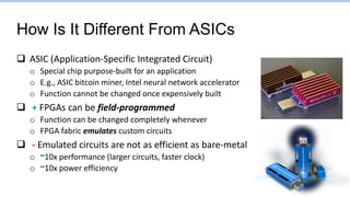 How Is It Different From ASICs
 ASIC (Application-Specific Integrated Circuit)
o Special chip purpose-built for an application
o E.g., ASIC bitcoin miner, Intel neural network accelerator
o Function cannot be changed once expensively built
 + FPGAs can be field-programmed
o Function can be changed completely whenever
o FPGA fabric emulates custom circuits
 - Emulated circuits are not as efficient as bare-metal
o ~10x performance (larger circuits, faster clock)
o ~10x power efficiency
 
