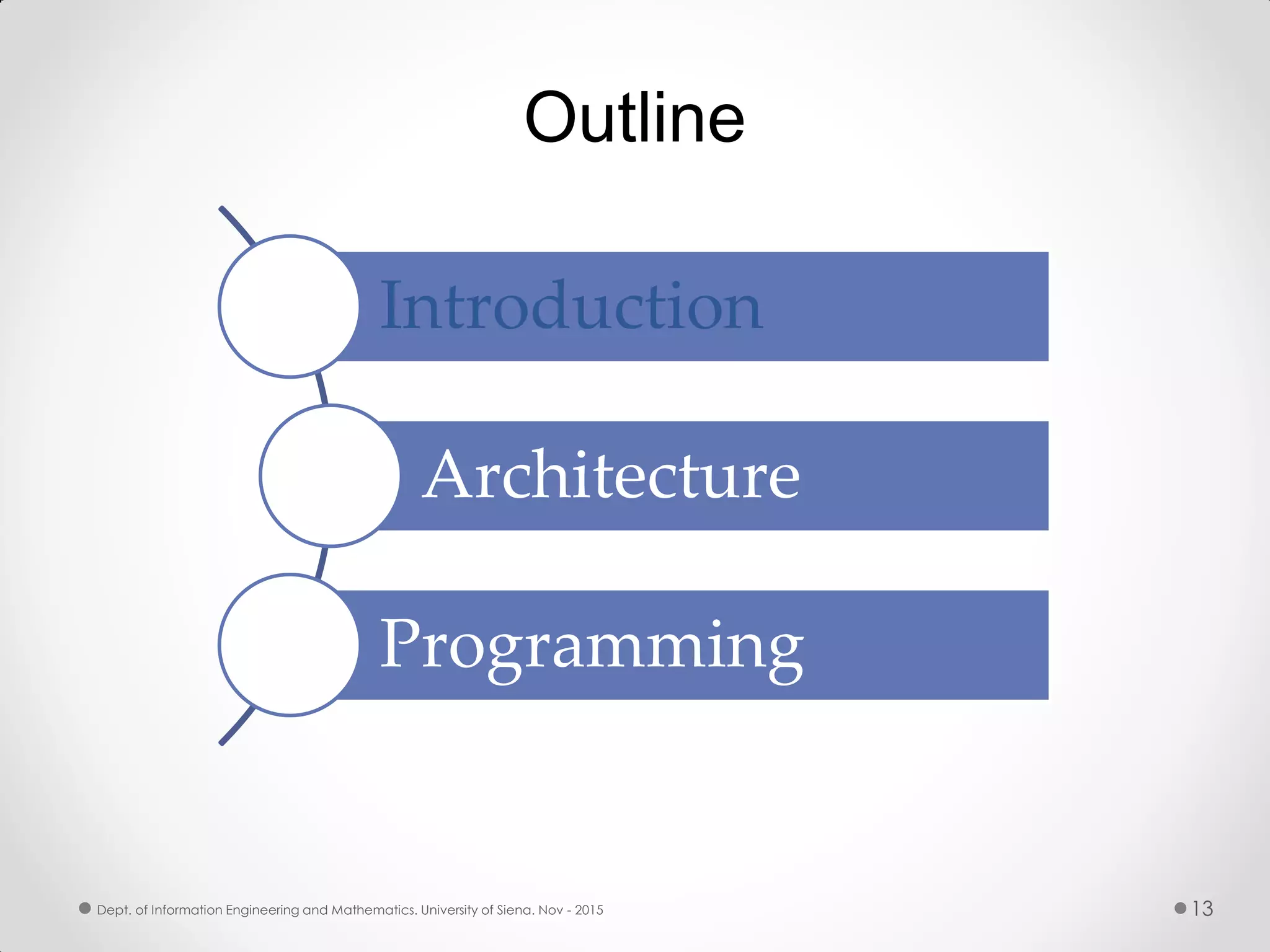 Outline Introduction Architecture Programming Dept. of Information Engineering and Mathematics. University of Siena. Nov - 2015 13 