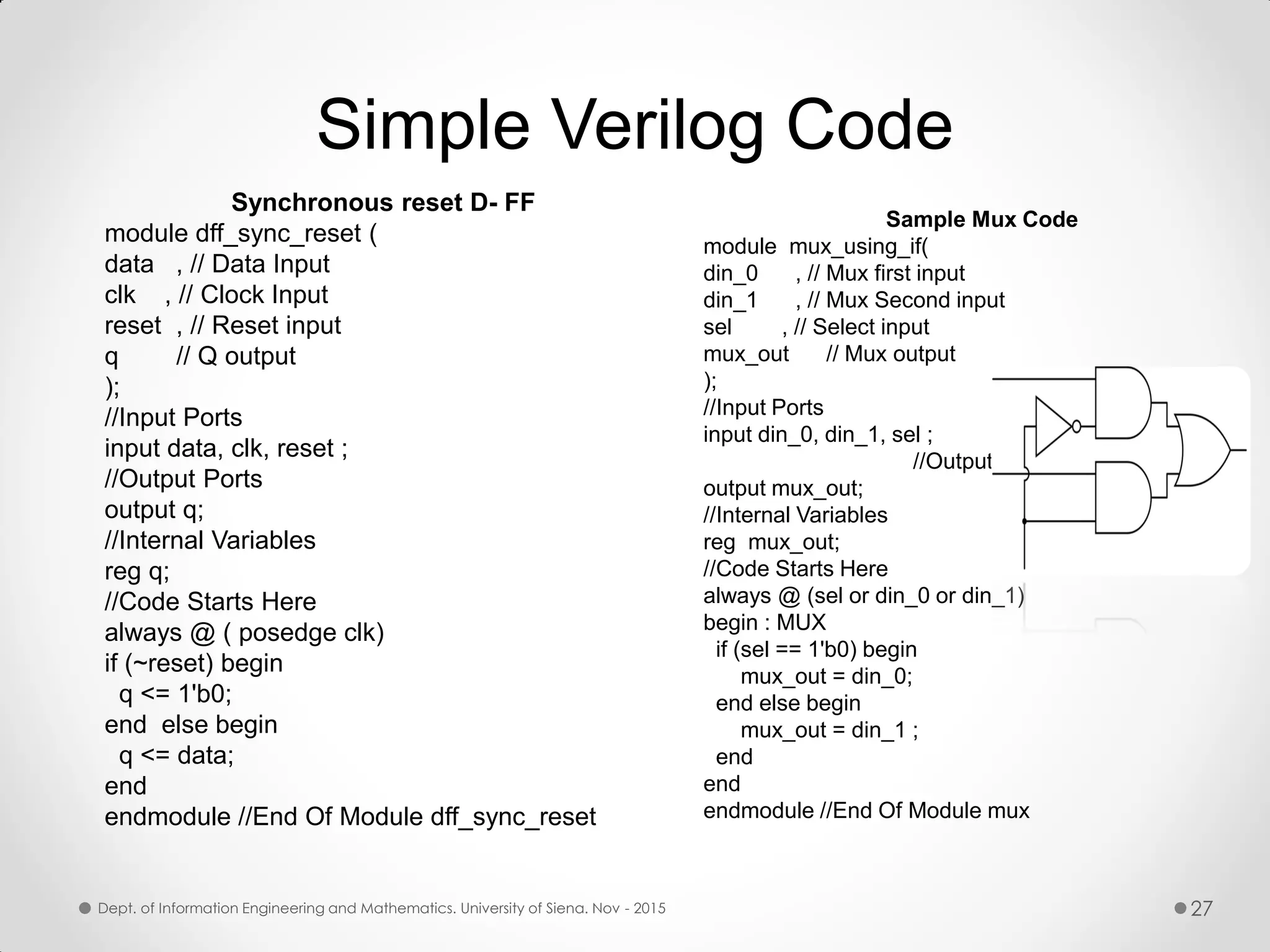 Simple Verilog Code Synchronous reset D- FF module dff_sync_reset ( data , // Data Input clk , // Clock Input reset , // Reset input q // Q output ); //Input Ports input data, clk, reset ; //Output Ports output q; //Internal Variables reg q; //Code Starts Here always @ ( posedge clk) if (~reset) begin q <= 1'b0; end else begin q <= data; end endmodule //End Of Module dff_sync_reset Sample Mux Code module mux_using_if( din_0 , // Mux first input din_1 , // Mux Second input sel , // Select input mux_out // Mux output ); //Input Ports input din_0, din_1, sel ; //Output Ports output mux_out; //Internal Variables reg mux_out; //Code Starts Here always @ (sel or din_0 or din_1) begin : MUX if (sel == 1'b0) begin mux_out = din_0; end else begin mux_out = din_1 ; end end endmodule //End Of Module mux Dept. of Information Engineering and Mathematics. University of Siena. Nov - 2015 27 