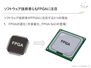 ソフトウェア技術者らもFPGAに注目
ソフトウェア技術者がFPGAに注目する３つの理由
1. FPGAの進化（大容量化、FPGA SoCの登場）
 