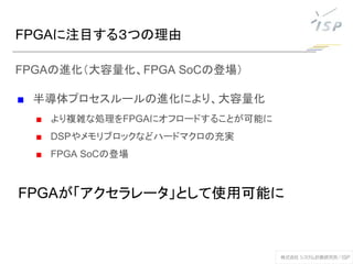 FPGAに注目する３つの理由
FPGAの進化（大容量化、FPGA SoCの登場）
■ 半導体プロセスルールの進化により、大容量化
■ より複雑な処理をFPGAにオフロードすることが可能に
■ DSPやメモリブロックなどハードマクロの充実
■ FPGA SoCの登場
FPGAが「アクセラレータ」として使用可能に
 