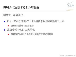 FPGAに注目する３つの理由
開発ツールの進化
■ ビジュアルな環境・アシスト機能をもつ回路設計ツール
■ 直観的な操作で回路設計
■ 高位合成（HLS）の実用化
■ 複雑なアルゴリズムを高い抽象度で記述可能に
 