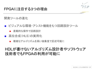 FPGAに注目する３つの理由
開発ツールの進化
■ ビジュアルな環境・アシスト機能をもつ回路設計ツール
■ 直観的な操作で回路設計
■ 高位合成（HLS）の実用化
■ 複雑なアルゴリズムを高い抽象度で記述可能に
HDLが書けないアルゴリズム設計者やソフトウェア
技術者でもFPGAの利用が可能に
 
