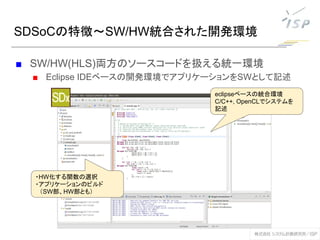 ■ SW/HW(HLS)両方のソースコードを扱える統一環境
■ Eclipse IDEベースの開発環境でアプリケーションをSWとして記述
SDSoCの特徴～SW/HW統合された開発環境
eclipseベースの統合環境
C/C++, OpenCLでシステムを
記述
・HW化する関数の選択
・アプリケーションのビルド
　（SW部、HW部とも）
 