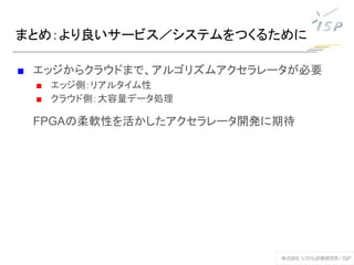まとめ：より良いサービス／システムをつくるために
■ エッジからクラウドまで、アルゴリズムアクセラレータが必要
■ エッジ側：リアルタイム性
■ クラウド側：大容量データ処理
FPGAの柔軟性を活かしたアクセラレータ開発に期待
 