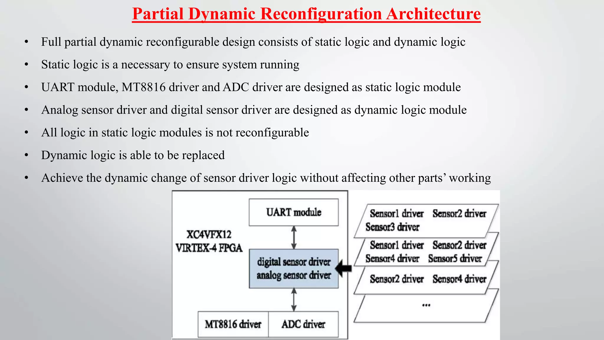Partial Dynamic Reconfiguration Architecture
• Full partial dynamic reconfigurable design consists of static logic and dynamic logic
• Static logic is a necessary to ensure system running
• UART module, MT8816 driver and ADC driver are designed as static logic module
• Analog sensor driver and digital sensor driver are designed as dynamic logic module
• All logic in static logic modules is not reconfigurable
• Dynamic logic is able to be replaced
• Achieve the dynamic change of sensor driver logic without affecting other parts’ working
 