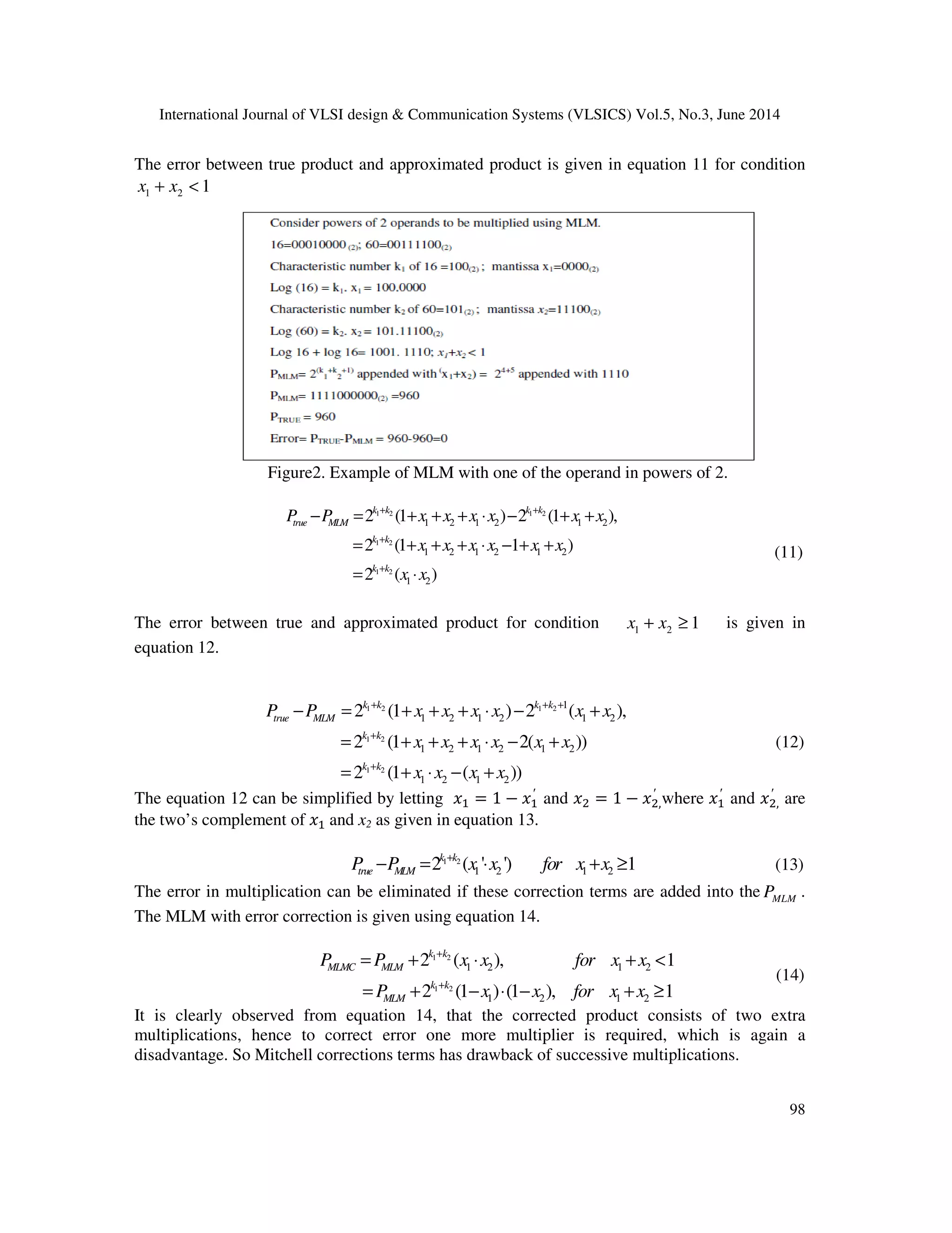 International Journal of VLSI design & Communication Systems (VLSICS) Vol.5, No.3, June 2014 98 The error between true product and approximated product is given in equation 11 for condition 1 2 1x x+ < Figure2. Example of MLM with one of the operand in powers of 2. 1 2 1 2 1 2 1 2 1 2 1 2 1 2 1 2 1 2 1 2 1 2 2 (1 ) 2 (1 ), 2 (1 1 ) 2 ( ) k k k k true MLM k k k k P P x x x x x x x x x x x x x x + + + + − = + + + ⋅ − + + = + + + ⋅ − + + = ⋅ (11) The error between true and approximated product for condition 1 2 1x x+ ≥ is given in equation 12. 1 2 1 2 1 2 1 2 1 1 2 1 2 1 2 1 2 1 2 1 2 1 2 1 2 2 (1 ) 2 ( ), 2 (1 2( )) 2 (1 ( )) k k k k true MLM k k k k P P x x x x x x x x x x x x x x x x + + + + + − = + + + ⋅ − + = + + + ⋅ − + = + ⋅ − + (12) The equation 12 can be simplified by letting ‫ݔ‬ଵ = 1 − ‫ݔ‬ଵ ′ and ‫ݔ‬ଶ = 1 − ‫ݔ‬ଶ, ′ where ‫ݔ‬ଵ ′ and ‫ݔ‬ଶ, ′ are the two’s complement of ‫ݔ‬ଵ and x2 as given in equation 13. 1 2 1 2 1 22 ( ' ') 1k k true MLMP P x x for x x+ − = ⋅ + ≥ (13) The error in multiplication can be eliminated if these correction terms are added into the MLMP . The MLM with error correction is given using equation 14. 1 2 1 2 1 2 1 2 1 2 1 2 2 ( ), 1 2 (1 ) (1 ), 1 k k MLMC MLM k k MLM P P x x for x x P x x for x x + + = + ⋅ + < = + − ⋅ − + ≥ (14) It is clearly observed from equation 14, that the corrected product consists of two extra multiplications, hence to correct error one more multiplier is required, which is again a disadvantage. So Mitchell corrections terms has drawback of successive multiplications. 