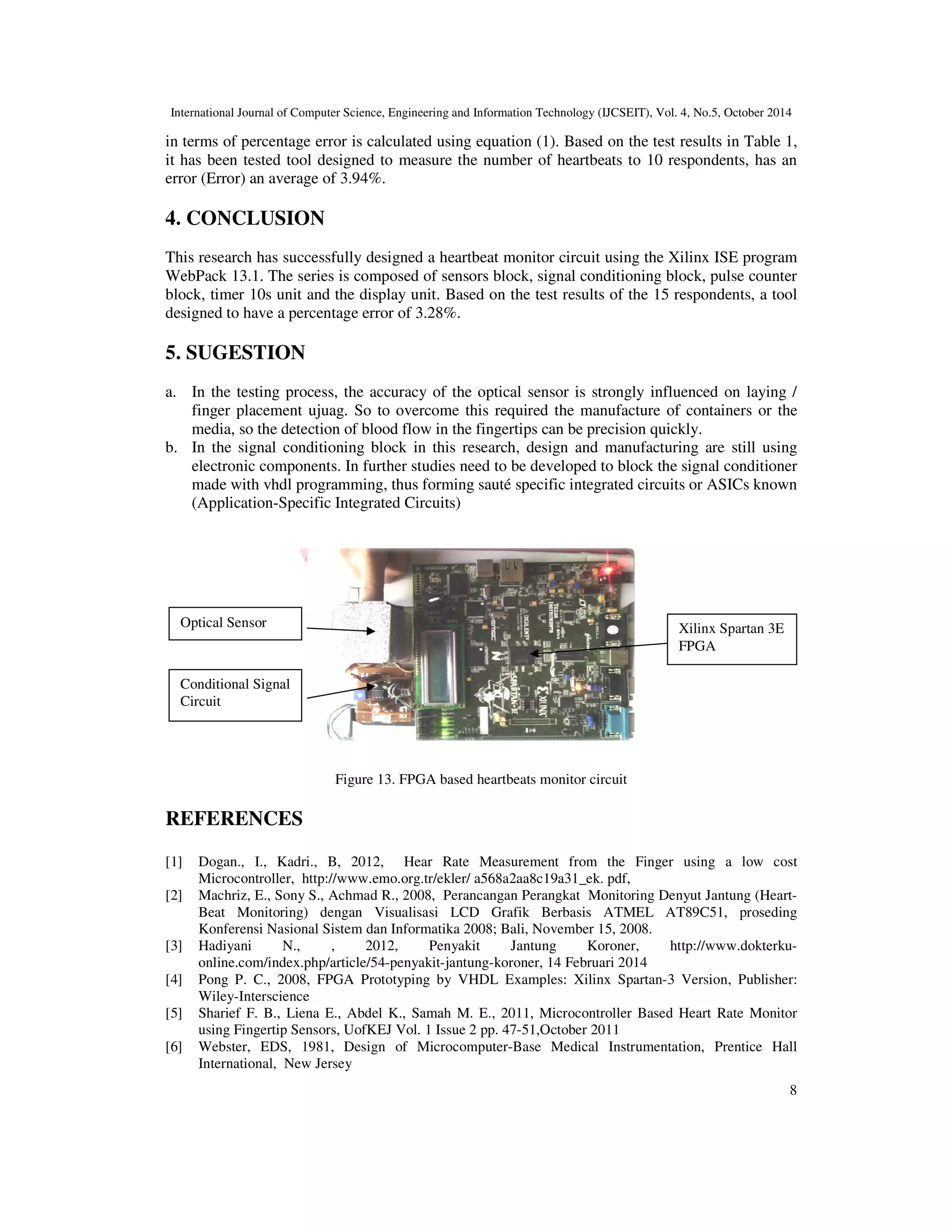 International Journal of Computer Science, Engineering and Information Technology (IJCSEIT), Vol. 4, No.5, October 2014 
in terms of percentage error is calculated using equation (1). Based on the test results in Table 1, 
it has been tested tool designed to measure the number of heartbeats to 10 respondents, has an 
error (Error) an average of 3.94%. 
8 
4. CONCLUSION 
This research has successfully designed a heartbeat monitor circuit using the Xilinx ISE program 
WebPack 13.1. The series is composed of sensors block, signal conditioning block, pulse counter 
block, timer 10s unit and the display unit. Based on the test results of the 15 respondents, a tool 
designed to have a percentage error of 3.28%. 
5. SUGESTION 
a. In the testing process, the accuracy of the optical sensor is strongly influenced on laying / 
finger placement ujuag. So to overcome this required the manufacture of containers or the 
media, so the detection of blood flow in the fingertips can be precision quickly. 
b. In the signal conditioning block in this research, design and manufacturing are still using 
electronic components. In further studies need to be developed to block the signal conditioner 
made with vhdl programming, thus forming sauté specific integrated circuits or ASICs known 
(Application-Specific Integrated Circuits) 
Figure 13. FPGA based heartbeats monitor circuit 
Optical Sensor 
Conditional Signal 
Circuit 
REFERENCES 
[1] Dogan., I., Kadri., B, 2012, Hear Rate Measurement from the Finger using a low cost 
Microcontroller, http://www.emo.org.tr/ekler/ a568a2aa8c19a31_ek. pdf, 
[2] Machriz, E., Sony S., Achmad R., 2008, Perancangan Perangkat Monitoring Denyut Jantung (Heart- 
Beat Monitoring) dengan Visualisasi LCD Grafik Berbasis ATMEL AT89C51, proseding 
Konferensi Nasional Sistem dan Informatika 2008; Bali, November 15, 2008. 
[3] Hadiyani N., , 2012, Penyakit Jantung Koroner, http://www.dokterku-online. 
com/index.php/article/54-penyakit-jantung-koroner, 14 Februari 2014 
[4] Pong P. C., 2008, FPGA Prototyping by VHDL Examples: Xilinx Spartan-3 Version, Publisher: 
Wiley-Interscience 
[5] Sharief F. B., Liena E., Abdel K., Samah M. E., 2011, Microcontroller Based Heart Rate Monitor 
using Fingertip Sensors, UofKEJ Vol. 1 Issue 2 pp. 47-51,October 2011 
[6] Webster, EDS, 1981, Design of Microcomputer-Base Medical Instrumentation, Prentice Hall 
International, New Jersey 
Xilinx Spartan 3E 
FPGA 
 
