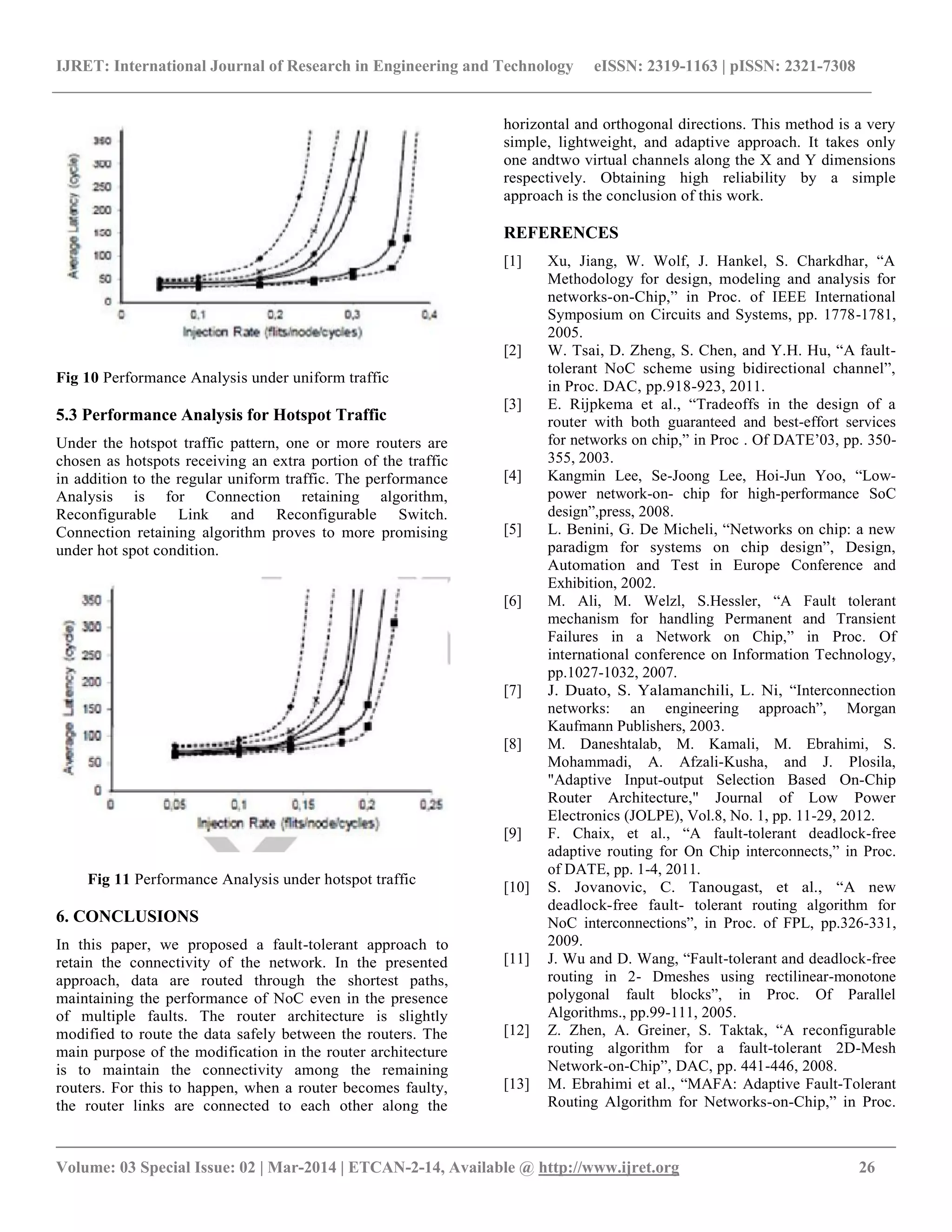IJRET: International Journal of Research in Engineering and Technology eISSN: 2319-1163 | pISSN: 2321-7308
__________________________________________________________________________________________
Volume: 03 Special Issue: 02 | Mar-2014 | ETCAN-2-14, Available @ http://www.ijret.org 26
Fig 10 Performance Analysis under uniform traffic
5.3 Performance Analysis for Hotspot Traffic
Under the hotspot traffic pattern, one or more routers are
chosen as hotspots receiving an extra portion of the traffic
in addition to the regular uniform traffic. The performance
Analysis is for Connection retaining algorithm,
Reconfigurable Link and Reconfigurable Switch.
Connection retaining algorithm proves to more promising
under hot spot condition.
Fig 11 Performance Analysis under hotspot traffic
6. CONCLUSIONS
In this paper, we proposed a fault-tolerant approach to
retain the connectivity of the network. In the presented
approach, data are routed through the shortest paths,
maintaining the performance of NoC even in the presence
of multiple faults. The router architecture is slightly
modified to route the data safely between the routers. The
main purpose of the modification in the router architecture
is to maintain the connectivity among the remaining
routers. For this to happen, when a router becomes faulty,
the router links are connected to each other along the
horizontal and orthogonal directions. This method is a very
simple, lightweight, and adaptive approach. It takes only
one andtwo virtual channels along the X and Y dimensions
respectively. Obtaining high reliability by a simple
approach is the conclusion of this work.
REFERENCES
[1] Xu, Jiang, W. Wolf, J. Hankel, S. Charkdhar, “A
Methodology for design, modeling and analysis for
networks-on-Chip,” in Proc. of IEEE International
Symposium on Circuits and Systems, pp. 1778-1781,
2005.
[2] W. Tsai, D. Zheng, S. Chen, and Y.H. Hu, “A fault-
tolerant NoC scheme using bidirectional channel”,
in Proc. DAC, pp.918-923, 2011.
[3] E. Rijpkema et al., “Tradeoffs in the design of a
router with both guaranteed and best-effort services
for networks on chip,” in Proc . Of DATE’03, pp. 350-
355, 2003.
[4] Kangmin Lee, Se-Joong Lee, Hoi-Jun Yoo, “Low-
power network-on- chip for high-performance SoC
design”,press, 2008.
[5] L. Benini, G. De Micheli, “Networks on chip: a new
paradigm for systems on chip design”, Design,
Automation and Test in Europe Conference and
Exhibition, 2002.
[6] M. Ali, M. Welzl, S.Hessler, “A Fault tolerant
mechanism for handling Permanent and Transient
Failures in a Network on Chip,” in Proc. Of
international conference on Information Technology,
pp.1027-1032, 2007.
[7] J. Duato, S. Yalamanchili, L. Ni, “Interconnection
networks: an engineering approach”, Morgan
Kaufmann Publishers, 2003.
[8] M. Daneshtalab, M. Kamali, M. Ebrahimi, S.
Mohammadi, A. Afzali-Kusha, and J. Plosila,
"Adaptive Input-output Selection Based On-Chip
Router Architecture," Journal of Low Power
Electronics (JOLPE), Vol.8, No. 1, pp. 11-29, 2012.
[9] F. Chaix, et al., “A fault-tolerant deadlock-free
adaptive routing for On Chip interconnects,” in Proc.
of DATE, pp. 1-4, 2011.
[10] S. Jovanovic, C. Tanougast, et al., “A new
deadlock-free fault- tolerant routing algorithm for
NoC interconnections”, in Proc. of FPL, pp.326-331,
2009.
[11] J. Wu and D. Wang, “Fault-tolerant and deadlock-free
routing in 2- Dmeshes using rectilinear-monotone
polygonal fault blocks”, in Proc. Of Parallel
Algorithms., pp.99-111, 2005.
[12] Z. Zhen, A. Greiner, S. Taktak, “A reconfigurable
routing algorithm for a fault-tolerant 2D-Mesh
Network-on-Chip”, DAC, pp. 441-446, 2008.
[13] M. Ebrahimi et al., “MAFA: Adaptive Fault-Tolerant
Routing Algorithm for Networks-on-Chip,” in Proc.
 