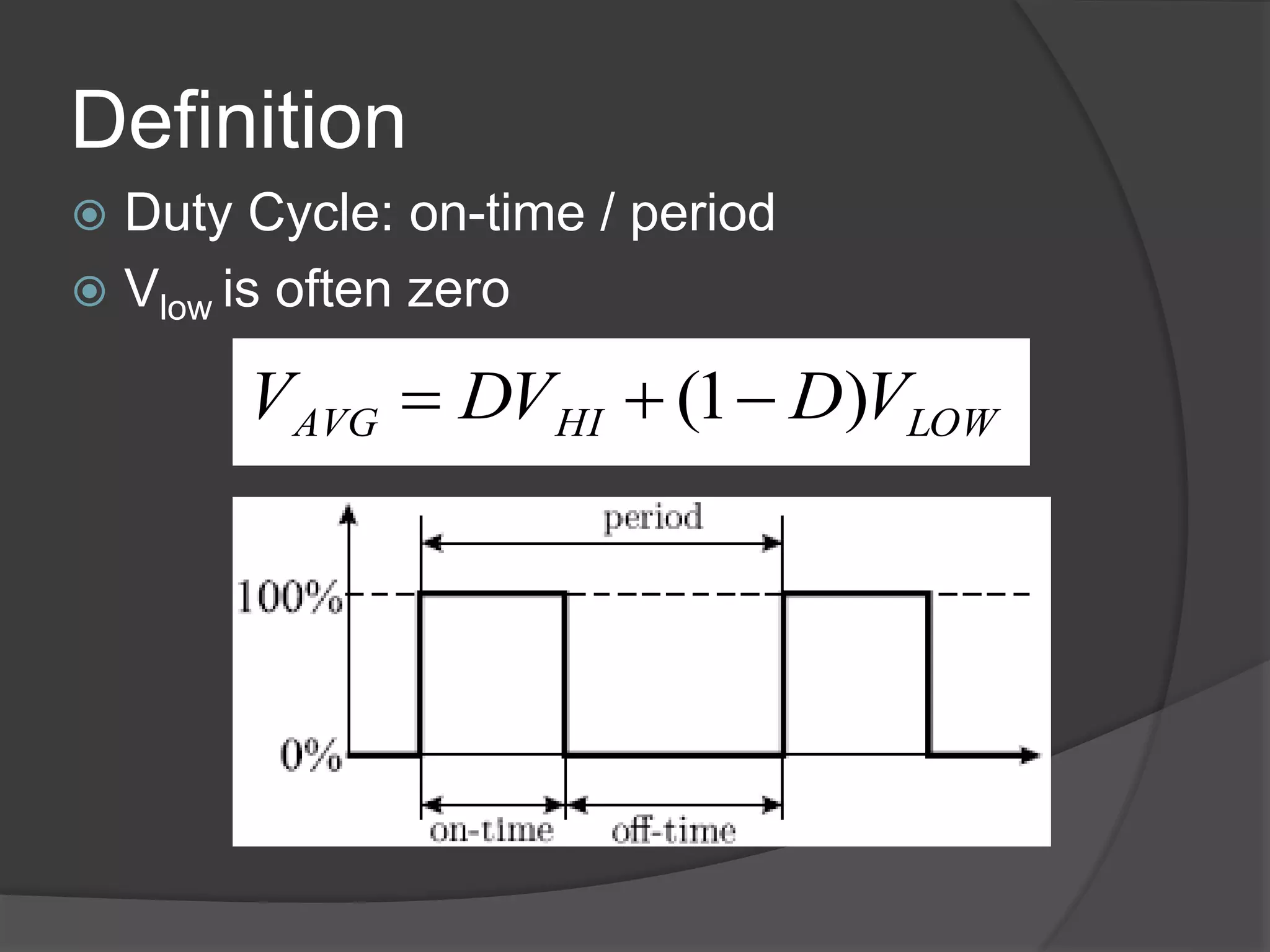 Definition
LOWHIAVG VDDVV )1( 
 Duty Cycle: on-time / period
 Vlow is often zero
 