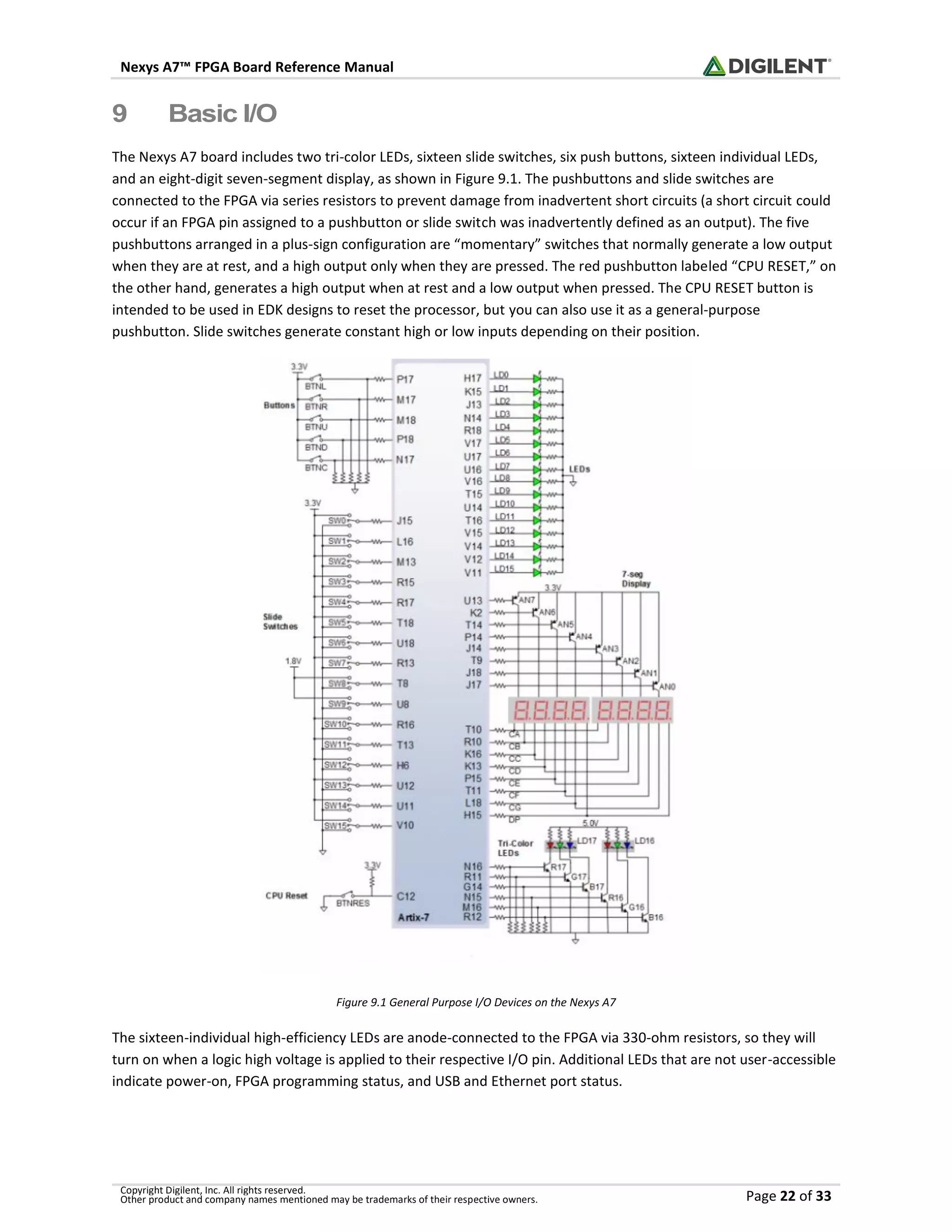 Nexys A7™ FPGA Board Reference Manual
Copyright Digilent, Inc. All rights reserved.
Other product and company names mentioned may be trademarks of their respective owners. Page 22 of 33
9 Basic I/O
The Nexys A7 board includes two tri-color LEDs, sixteen slide switches, six push buttons, sixteen individual LEDs,
and an eight-digit seven-segment display, as shown in Figure 9.1. The pushbuttons and slide switches are
connected to the FPGA via series resistors to prevent damage from inadvertent short circuits (a short circuit could
occur if an FPGA pin assigned to a pushbutton or slide switch was inadvertently defined as an output). The five
pushbuttons arranged in a plus-sign configuration are “momentary” switches that normally generate a low output
when they are at rest, and a high output only when they are pressed. The red pushbutton labeled “CPU RESET,” on
the other hand, generates a high output when at rest and a low output when pressed. The CPU RESET button is
intended to be used in EDK designs to reset the processor, but you can also use it as a general-purpose
pushbutton. Slide switches generate constant high or low inputs depending on their position.
Figure 9.1 General Purpose I/O Devices on the Nexys A7
The sixteen-individual high-efficiency LEDs are anode-connected to the FPGA via 330-ohm resistors, so they will
turn on when a logic high voltage is applied to their respective I/O pin. Additional LEDs that are not user-accessible
indicate power-on, FPGA programming status, and USB and Ethernet port status.
 