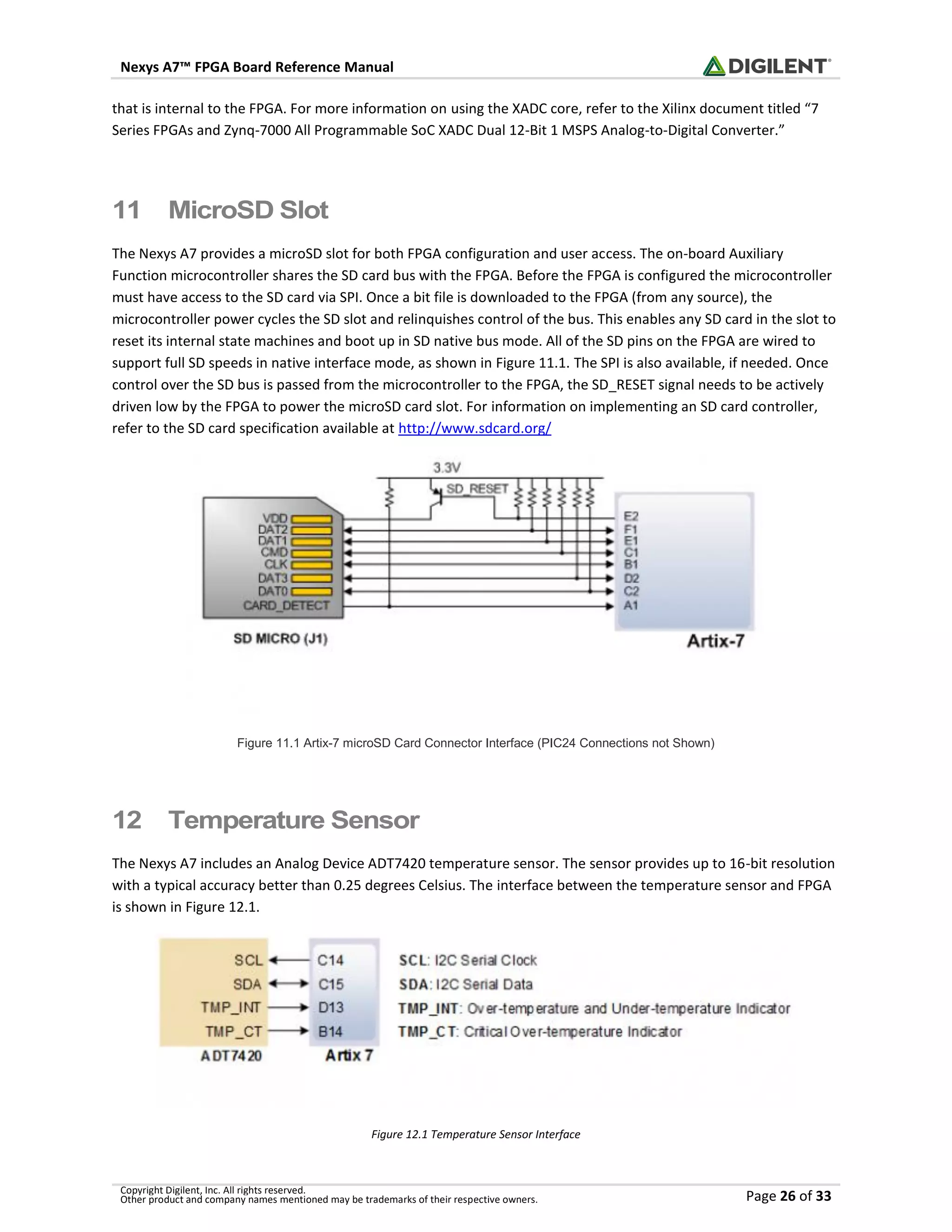 Nexys A7™ FPGA Board Reference Manual
Copyright Digilent, Inc. All rights reserved.
Other product and company names mentioned may be trademarks of their respective owners. Page 26 of 33
that is internal to the FPGA. For more information on using the XADC core, refer to the Xilinx document titled “7
Series FPGAs and Zynq-7000 All Programmable SoC XADC Dual 12-Bit 1 MSPS Analog-to-Digital Converter.”
11 MicroSD Slot
The Nexys A7 provides a microSD slot for both FPGA configuration and user access. The on-board Auxiliary
Function microcontroller shares the SD card bus with the FPGA. Before the FPGA is configured the microcontroller
must have access to the SD card via SPI. Once a bit file is downloaded to the FPGA (from any source), the
microcontroller power cycles the SD slot and relinquishes control of the bus. This enables any SD card in the slot to
reset its internal state machines and boot up in SD native bus mode. All of the SD pins on the FPGA are wired to
support full SD speeds in native interface mode, as shown in Figure 11.1. The SPI is also available, if needed. Once
control over the SD bus is passed from the microcontroller to the FPGA, the SD_RESET signal needs to be actively
driven low by the FPGA to power the microSD card slot. For information on implementing an SD card controller,
refer to the SD card specification available at http://www.sdcard.org/
Figure 11.1 Artix-7 microSD Card Connector Interface (PIC24 Connections not Shown)
12 Temperature Sensor
The Nexys A7 includes an Analog Device ADT7420 temperature sensor. The sensor provides up to 16-bit resolution
with a typical accuracy better than 0.25 degrees Celsius. The interface between the temperature sensor and FPGA
is shown in Figure 12.1.
Figure 12.1 Temperature Sensor Interface
 
