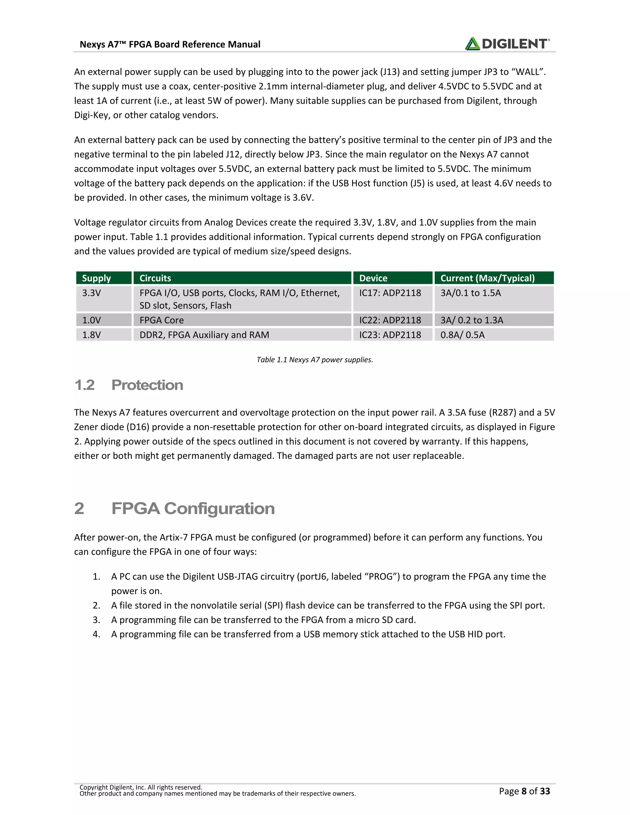 Nexys A7™ FPGA Board Reference Manual
Copyright Digilent, Inc. All rights reserved.
Other product and company names mentioned may be trademarks of their respective owners. Page 8 of 33
An external power supply can be used by plugging into to the power jack (J13) and setting jumper JP3 to “WALL”.
The supply must use a coax, center-positive 2.1mm internal-diameter plug, and deliver 4.5VDC to 5.5VDC and at
least 1A of current (i.e., at least 5W of power). Many suitable supplies can be purchased from Digilent, through
Digi-Key, or other catalog vendors.
An external battery pack can be used by connecting the battery’s positive terminal to the center pin of JP3 and the
negative terminal to the pin labeled J12, directly below JP3. Since the main regulator on the Nexys A7 cannot
accommodate input voltages over 5.5VDC, an external battery pack must be limited to 5.5VDC. The minimum
voltage of the battery pack depends on the application: if the USB Host function (J5) is used, at least 4.6V needs to
be provided. In other cases, the minimum voltage is 3.6V.
Voltage regulator circuits from Analog Devices create the required 3.3V, 1.8V, and 1.0V supplies from the main
power input. Table 1.1 provides additional information. Typical currents depend strongly on FPGA configuration
and the values provided are typical of medium size/speed designs.
Supply Circuits Device Current (Max/Typical)
3.3V FPGA I/O, USB ports, Clocks, RAM I/O, Ethernet,
SD slot, Sensors, Flash
IC17: ADP2118 3A/0.1 to 1.5A
1.0V FPGA Core IC22: ADP2118 3A/ 0.2 to 1.3A
1.8V DDR2, FPGA Auxiliary and RAM IC23: ADP2118 0.8A/ 0.5A
Table 1.1 Nexys A7 power supplies.
1.2 Protection
The Nexys A7 features overcurrent and overvoltage protection on the input power rail. A 3.5A fuse (R287) and a 5V
Zener diode (D16) provide a non-resettable protection for other on-board integrated circuits, as displayed in Figure
2. Applying power outside of the specs outlined in this document is not covered by warranty. If this happens,
either or both might get permanently damaged. The damaged parts are not user replaceable.
2 FPGA Configuration
After power-on, the Artix-7 FPGA must be configured (or programmed) before it can perform any functions. You
can configure the FPGA in one of four ways:
1. A PC can use the Digilent USB-JTAG circuitry (portJ6, labeled “PROG”) to program the FPGA any time the
power is on.
2. A file stored in the nonvolatile serial (SPI) flash device can be transferred to the FPGA using the SPI port.
3. A programming file can be transferred to the FPGA from a micro SD card.
4. A programming file can be transferred from a USB memory stick attached to the USB HID port.
 