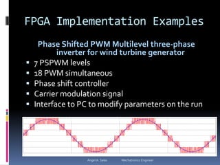 FPGA Implementation Examples
Phase Shifted PWM Multilevel three-phase
inverter for wind turbine generator
 7 PSPWM levels
 18 PWM simultaneous
 Phase shift controller
 Carrier modulation signal
 Interface to PC to modify parameters on the run
Angel A. Salas Mechatronics Engineer
 