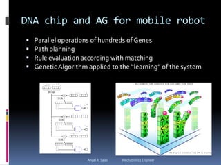DNA chip and AG for mobile robot
 Parallel operations of hundreds of Genes
 Path planning
 Rule evaluation according with matching
 Genetic Algorithm applied to the “learning” of the system
Angel A. Salas Mechatronics Engineer
 
