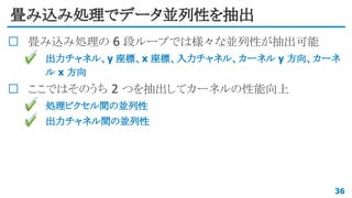 畳み込み処理でデータ並列性を抽出
畳み込み処理の 6 段ループでは様々な並列性が抽出可能
✔ 出力チャネル、y 座標、x 座標、入力チャネル、カーネル y 方向、カーネ
ル x 方向
ここではそのうち 2 つを抽出してカーネルの性能向上
✔ 処理ピクセル間の並列性
✔ 出力チャネル間の並列性
36
 