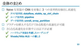 全体のまとめ
Naive な実装の CNN を対象に 3 つの並列性を抽出し高速化
✔ タスク並列性：dataflow, stable, ap_ctrl_chain
✔ ループ並列性：pipeline
✔ データ並列性：unroll, array_partition
プラグマを挿入するだけである程度の高速化が可能
さらなる高速化を目指すには以下が必要
✔ ハードウェア実装を考慮したコーディング
✔ Vivado/Vitis HLS への優しさ
53
 