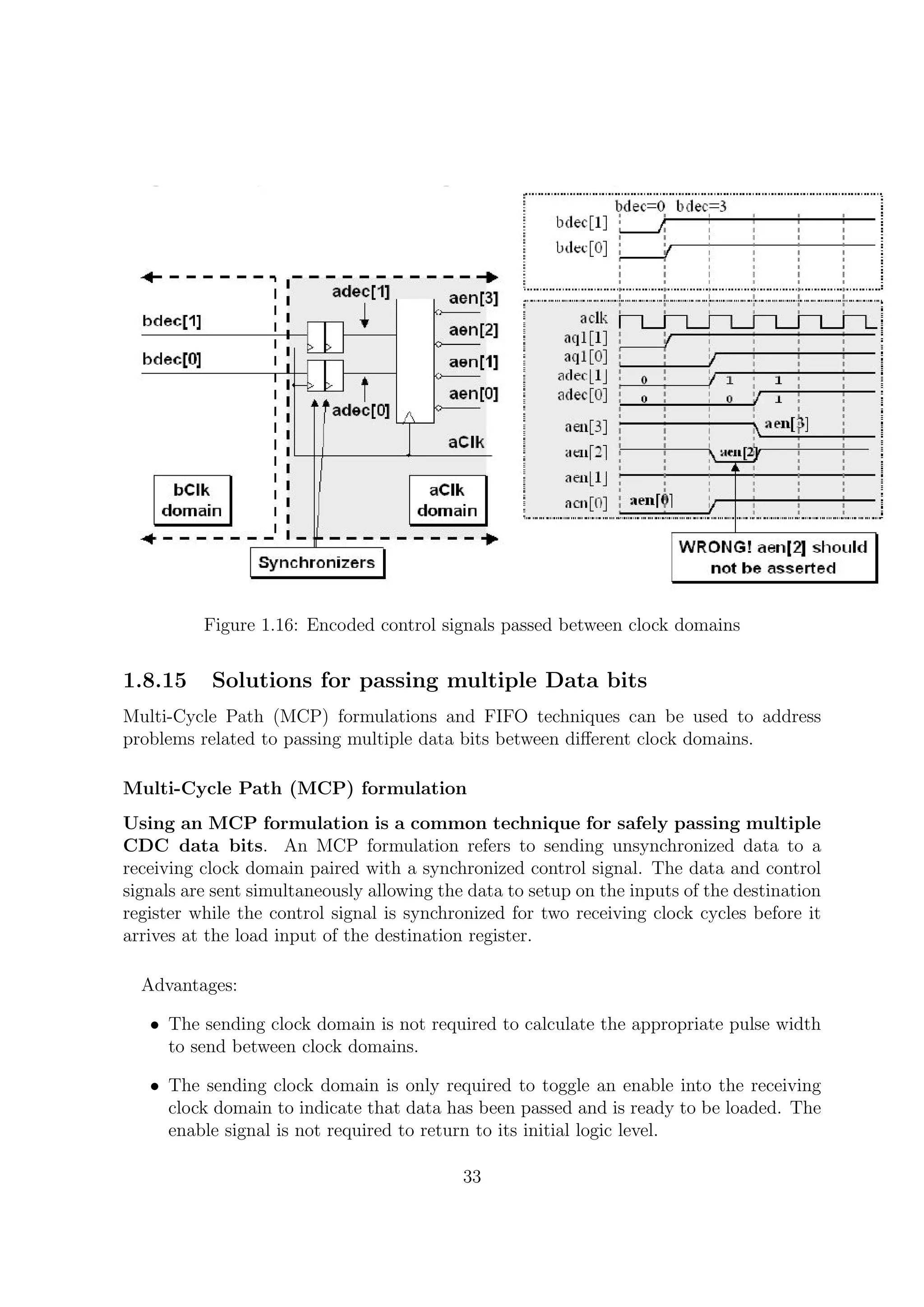 Figure 1.16: Encoded control signals passed between clock domains
1.8.15 Solutions for passing multiple Data bits
Multi-Cycle Path (MCP) formulations and FIFO techniques can be used to address
problems related to passing multiple data bits between diﬀerent clock domains.
Multi-Cycle Path (MCP) formulation
Using an MCP formulation is a common technique for safely passing multiple
CDC data bits. An MCP formulation refers to sending unsynchronized data to a
receiving clock domain paired with a synchronized control signal. The data and control
signals are sent simultaneously allowing the data to setup on the inputs of the destination
register while the control signal is synchronized for two receiving clock cycles before it
arrives at the load input of the destination register.
Advantages:
• The sending clock domain is not required to calculate the appropriate pulse width
to send between clock domains.
• The sending clock domain is only required to toggle an enable into the receiving
clock domain to indicate that data has been passed and is ready to be loaded. The
enable signal is not required to return to its initial logic level.
33
 