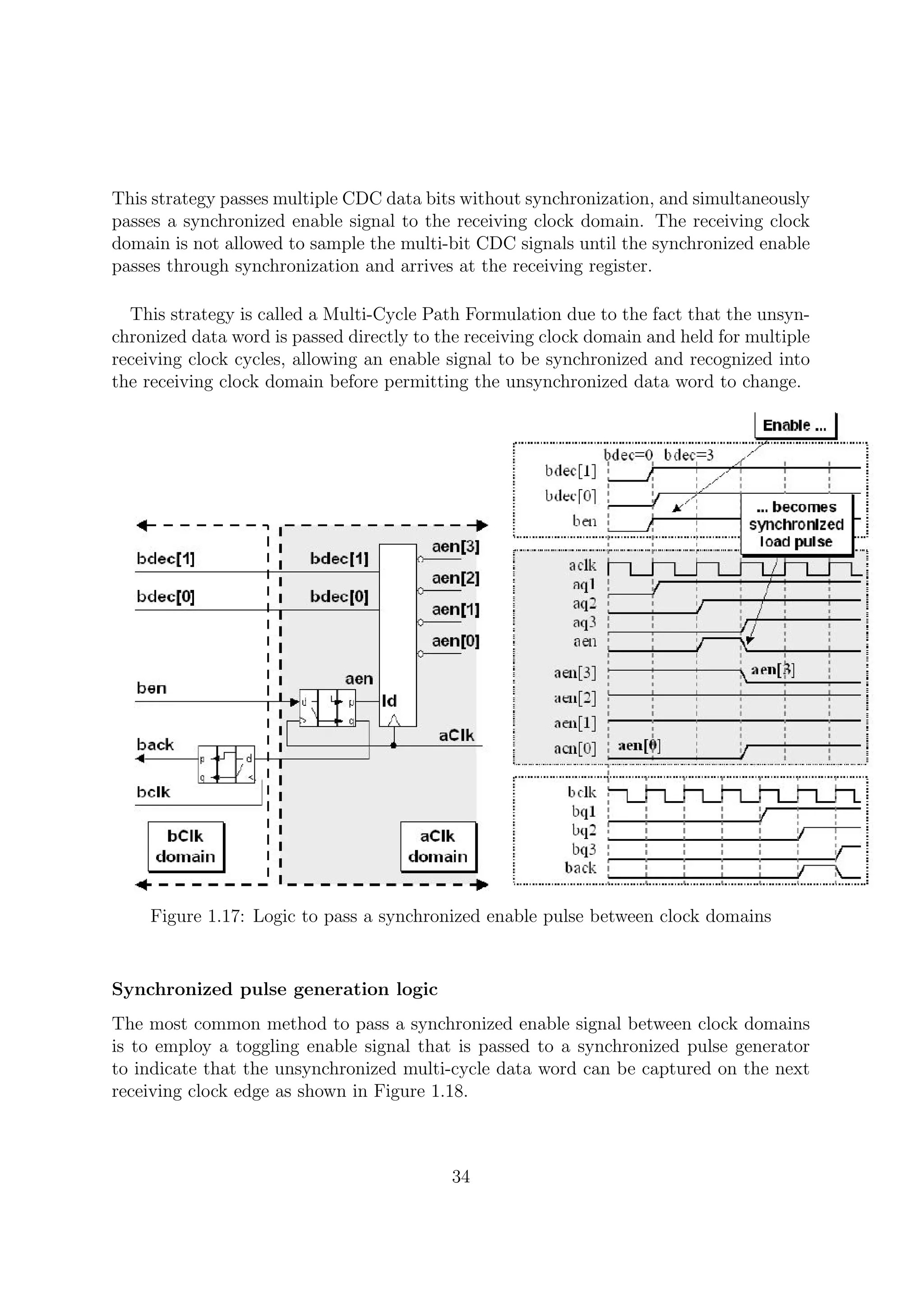 This strategy passes multiple CDC data bits without synchronization, and simultaneously
passes a synchronized enable signal to the receiving clock domain. The receiving clock
domain is not allowed to sample the multi-bit CDC signals until the synchronized enable
passes through synchronization and arrives at the receiving register.
This strategy is called a Multi-Cycle Path Formulation due to the fact that the unsyn-
chronized data word is passed directly to the receiving clock domain and held for multiple
receiving clock cycles, allowing an enable signal to be synchronized and recognized into
the receiving clock domain before permitting the unsynchronized data word to change.
Figure 1.17: Logic to pass a synchronized enable pulse between clock domains
Synchronized pulse generation logic
The most common method to pass a synchronized enable signal between clock domains
is to employ a toggling enable signal that is passed to a synchronized pulse generator
to indicate that the unsynchronized multi-cycle data word can be captured on the next
receiving clock edge as shown in Figure 1.18.
34
 