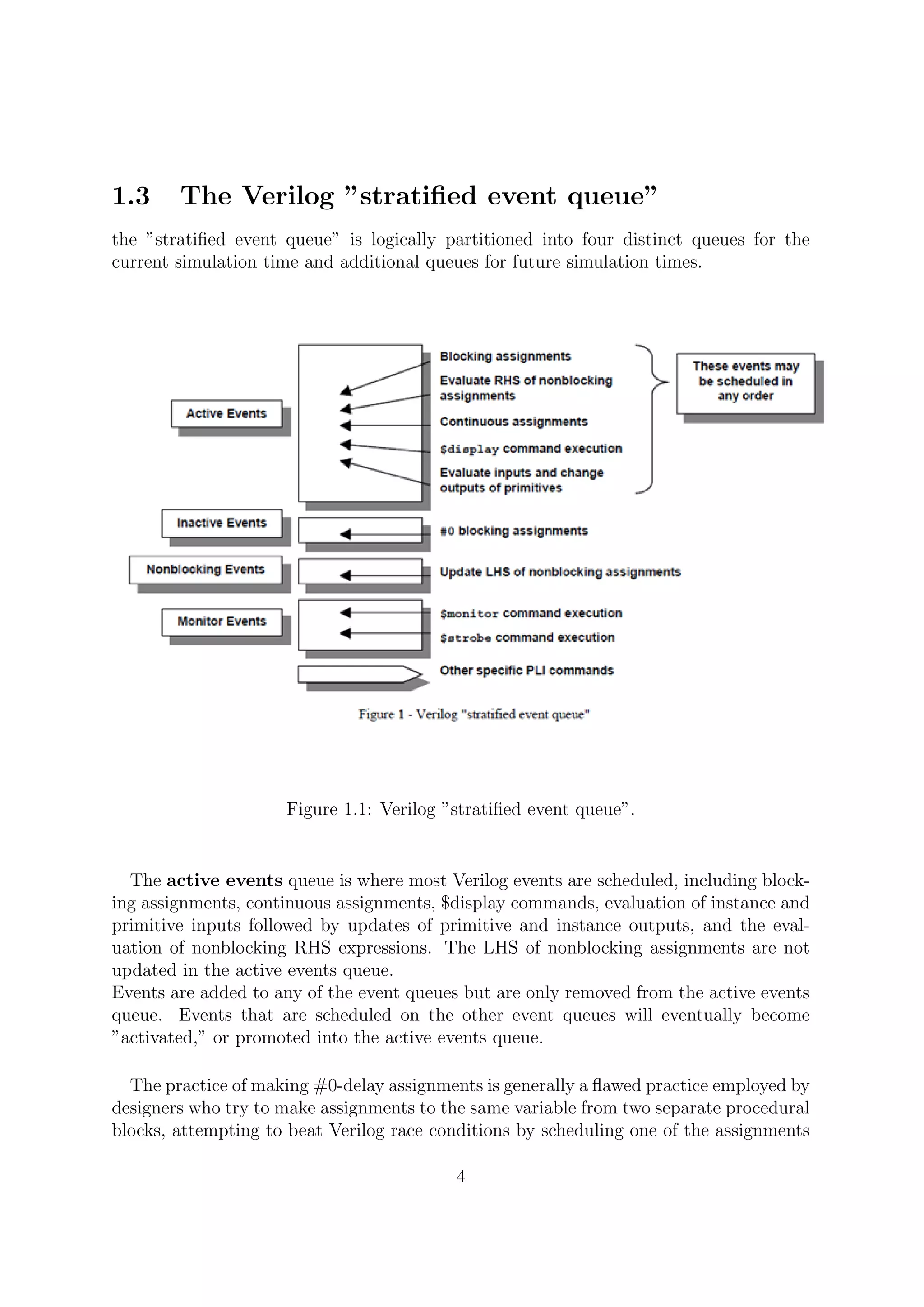 1.3 The Verilog ”stratiﬁed event queue”
the ”stratiﬁed event queue” is logically partitioned into four distinct queues for the
current simulation time and additional queues for future simulation times.
Figure 1.1: Verilog ”stratiﬁed event queue”.
The active events queue is where most Verilog events are scheduled, including block-
ing assignments, continuous assignments, $display commands, evaluation of instance and
primitive inputs followed by updates of primitive and instance outputs, and the eval-
uation of nonblocking RHS expressions. The LHS of nonblocking assignments are not
updated in the active events queue.
Events are added to any of the event queues but are only removed from the active events
queue. Events that are scheduled on the other event queues will eventually become
”activated,” or promoted into the active events queue.
The practice of making #0-delay assignments is generally a ﬂawed practice employed by
designers who try to make assignments to the same variable from two separate procedural
blocks, attempting to beat Verilog race conditions by scheduling one of the assignments
4
 