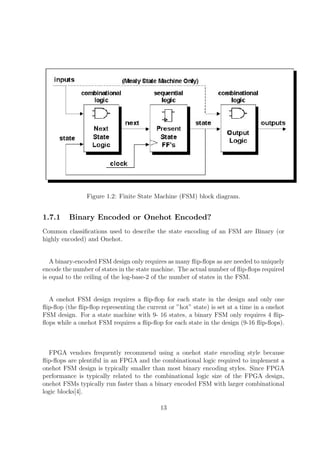 Figure 1.2: Finite State Machine (FSM) block diagram.
1.7.1 Binary Encoded or Onehot Encoded?
Common classiﬁcations used to describe the state encoding of an FSM are Binary (or
highly encoded) and Onehot.
A binary-encoded FSM design only requires as many ﬂip-ﬂops as are needed to uniquely
encode the number of states in the state machine. The actual number of ﬂip-ﬂops required
is equal to the ceiling of the log-base-2 of the number of states in the FSM.
A onehot FSM design requires a ﬂip-ﬂop for each state in the design and only one
ﬂip-ﬂop (the ﬂip-ﬂop representing the current or ”hot” state) is set at a time in a onehot
FSM design. For a state machine with 9- 16 states, a binary FSM only requires 4 ﬂip-
ﬂops while a onehot FSM requires a ﬂip-ﬂop for each state in the design (9-16 ﬂip-ﬂops).
FPGA vendors frequently recommend using a onehot state encoding style because
ﬂip-ﬂops are plentiful in an FPGA and the combinational logic required to implement a
onehot FSM design is typically smaller than most binary encoding styles. Since FPGA
performance is typically related to the combinational logic size of the FPGA design,
onehot FSMs typically run faster than a binary encoded FSM with larger combinational
logic blocks[4].
13
 
