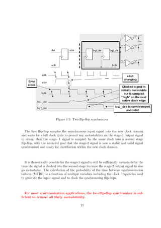 Figure 1.5: Two ﬂip-ﬂop synchronizer
The ﬁrst ﬂip-ﬂop samples the asynchronous input signal into the new clock domain
and waits for a full clock cycle to permit any metastability on the stage-1 output signal
to decay, then the stage- 1 signal is sampled by the same clock into a second stage
ﬂip-ﬂop, with the intended goal that the stage-2 signal is now a stable and valid signal
synchronized and ready for distribution within the new clock domain.
It is theoretically possible for the stage-1 signal to still be suﬃciently metastable by the
time the signal is clocked into the second stage to cause the stage-2 output signal to also
go metastable. The calculation of the probability of the time between synchronization
failures (MTBF) is a function of multiple variables including the clock frequencies used
to generate the input signal and to clock the synchronizing ﬂip-ﬂops.
For most synchronization applications, the two ﬂip-ﬂop synchronizer is suf-
ﬁcient to remove all likely metastability.
21
 