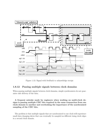 Figure 1.13: Signal with feedback to acknowledge receipt
1.8.12 Passing multiple signals between clock domains
When passing multiple signals between clock domains, simple synchronizers do not guar-
antee safe delivery of the data.
A frequent mistake made by engineers when working on multi-clock de-
signs is passing multiple CDC bits required in the same transaction from one
clock domain to another and overlooking the importance of the synchronized
sampling of the CDC bits.
The problem is that multiple signals that are synchronized to one clock will experience
small data changing skews that can eventually be sampled on diﬀerent rising clock edges
in a second clock domain.
29
 