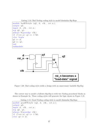 Listing 1.13: Bad Verilog coding style to model dissimilar ﬂip-ﬂops
module badFFstyle (q2 , d , clk , rst n ) ;
output q2 ;
input d , clk , rst n ;
reg q2 , q1 ;
always @( posedge clk )
i f ( ! rst n ) q1 <= 1 ’b0 ;
e l s e begin
q1 <= d ;
q2 <= q1 ;
end
endmodule
Figure 1.20: Bad coding style yields a design with an unnecessary loadable ﬂip-ﬂop
The correct way to model a follower ﬂip-ﬂop is with two Verilog procedural blocks as
shown in Example 2a. These coding styles will generate the logic shown in Figure 1.21.
Listing 1.14: Good Verilog coding style to model dissimilar ﬂip-ﬂops
module goodFFstyle (q2 , d , clk , rst n ) ;
output q2 ;
input d , clk , rst n ;
reg q2 , q1 ;
always @( posedge clk )
i f ( ! rst n ) q1 <= 1 ’b0 ;
e l s e q1 <= d ;
37
 