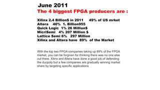 .June 2011
The 4 biggest FPGA producers are :
Xilinx 2.4 Billion$ in 2011 49% of US mrket
Altera 40% 1. Billion955
Quick Logic 1% 26 Million$
MicriSemi 4% 207 Million $
Lattice Semi 6% 297 Million
Xilinx and Altera have 89% of the Market
With the top two FPGA companies taking up 89% of the FPGA
market, you can be forgiven for thinking there was no one else
out there. Xilinx and Altera have done a good job of defending
the duopoly but a few companies are gradually winning market
share by targeting specific applications
 