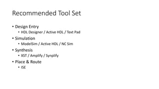Recommended Tool Set
• Design Entry
• HDL Designer / Active HDL / Text Pad
• Simulation
• ModelSim / Active HDL / NC Sim
• Synthesis
• XST / Amplify / Synplify
• Place & Route
• ISE
 