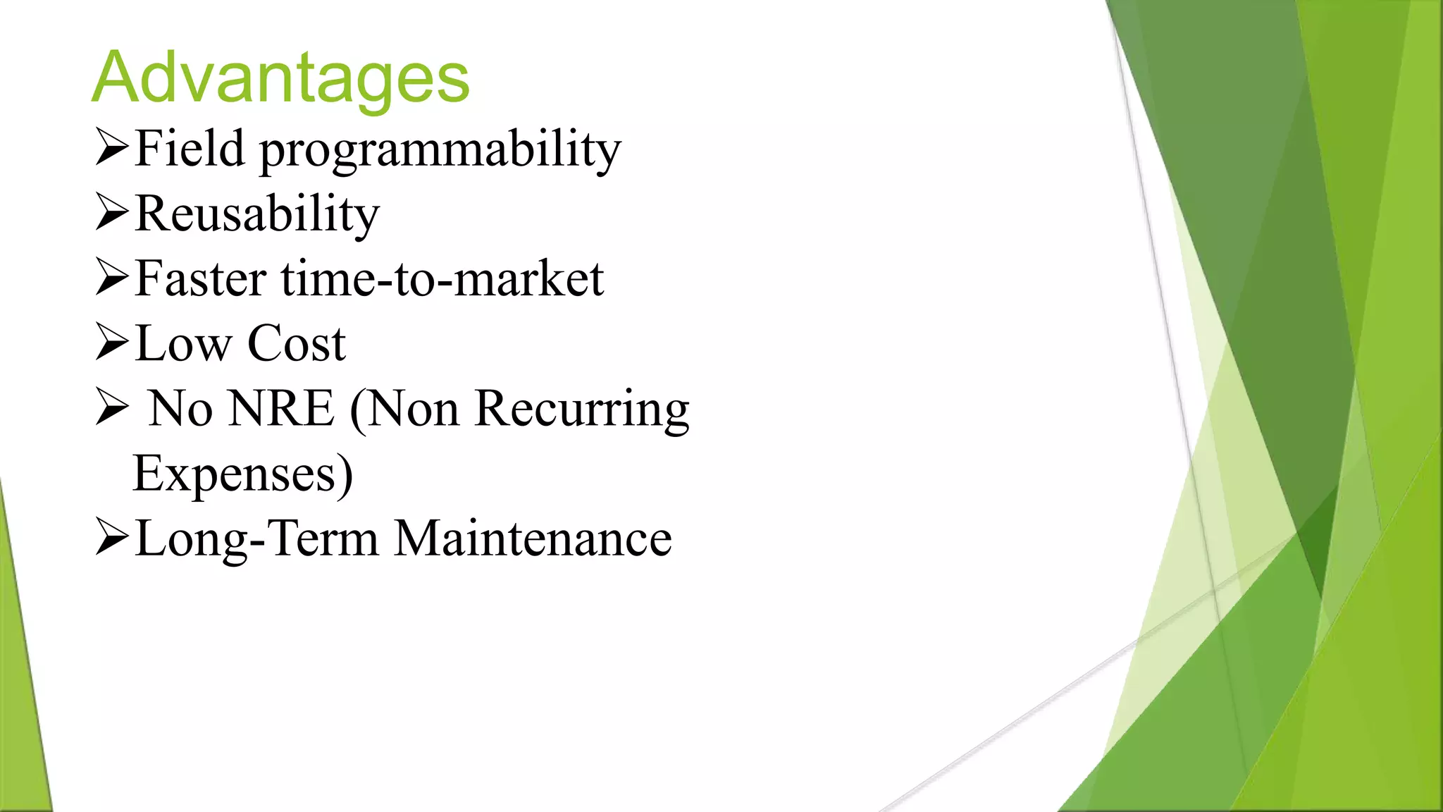 Advantages Field programmability Reusability Faster time-to-market Low Cost  No NRE (Non Recurring Expenses) Long-Term Maintenance 