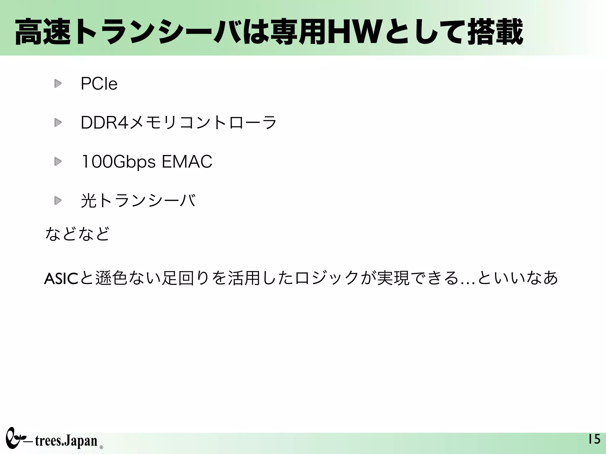 高速トランシーバは専用HWとして搭載
PCIe
DDR4メモリコントローラ
100Gbps EMAC
光トランシーバ
15
などなど
ASICと 色ない足回りを活用したロジックが実現できる…といいなあ
 